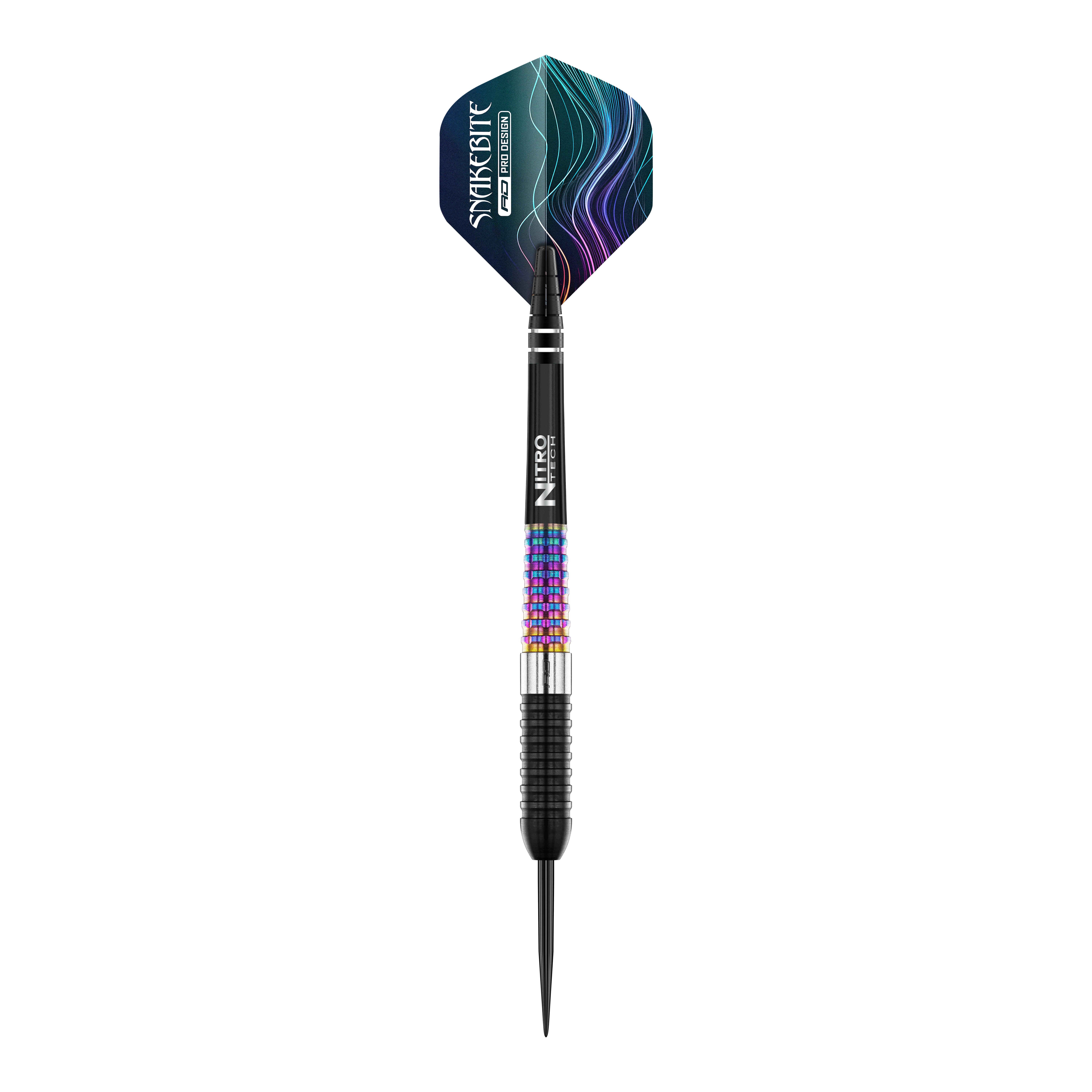 Auf dem Bild ist ein Red Dragon Peter Wright Corra Steeldart zu sehen. Der Dart hat bunte, strukturierte Griffbereiche und ein auffälliges Flight-Design mit blauen und violetten Linien.