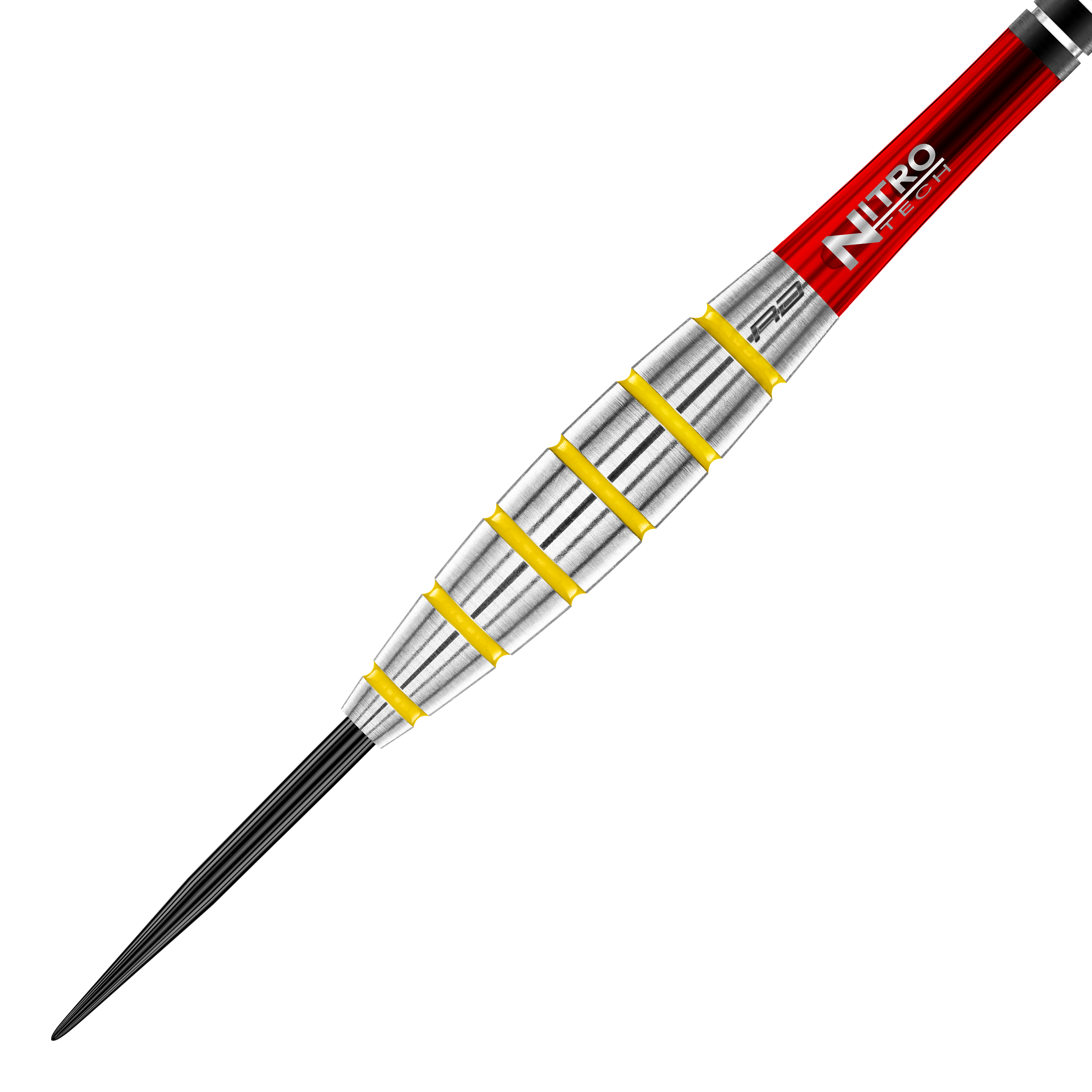 Der "Red Dragon 50 Year Collection Chunky Stumpy 3 Steeldarts - 24g" ist ein Dart mit silbernem, gerilltem Griff und gelben Ringen. Er hat einen roten Schaft mit der Aufschrift "Nitro Tech".