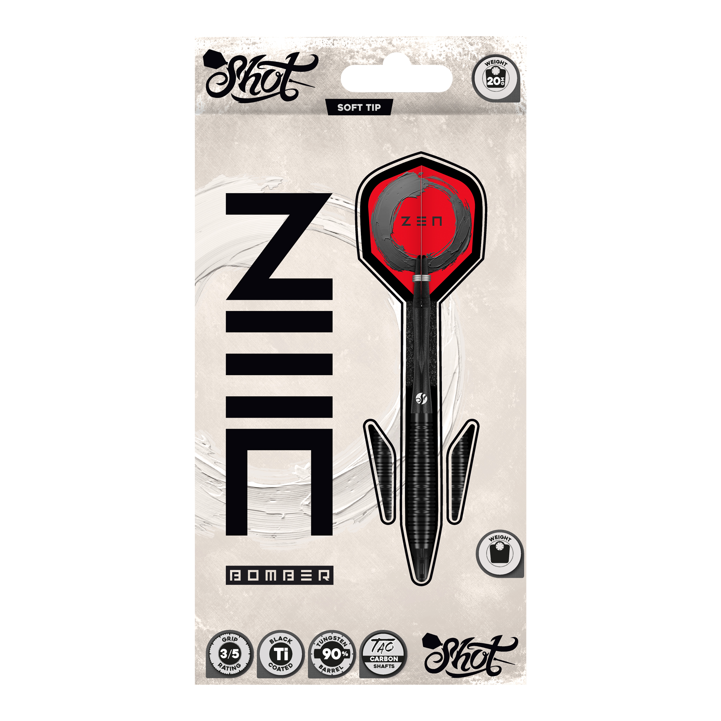 Miękkie lotki Shot ZEN Bomber - 20g Hier sieht man die Shot ZEN Bomber Softdarts - 20g. Die Softdarts sind für präzises Werfen und einen sicheren Halt konzipiert.