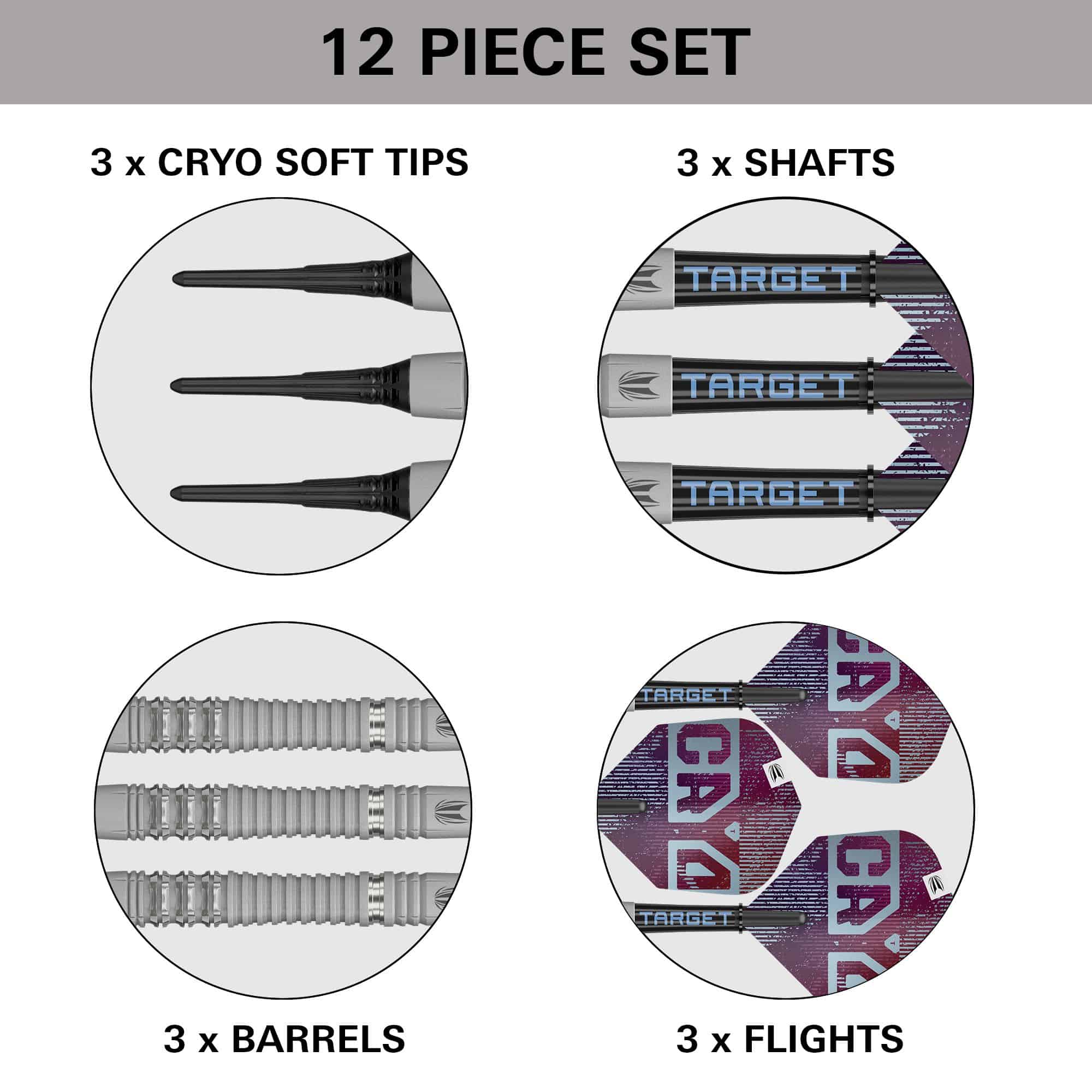 Target Cryo 13 Miękkie rzutki Hier sieht man die Target Cryo 13 Softdarts. Das Produkt ist detailliert fotografiert, damit die Qualität erkennbar ist.