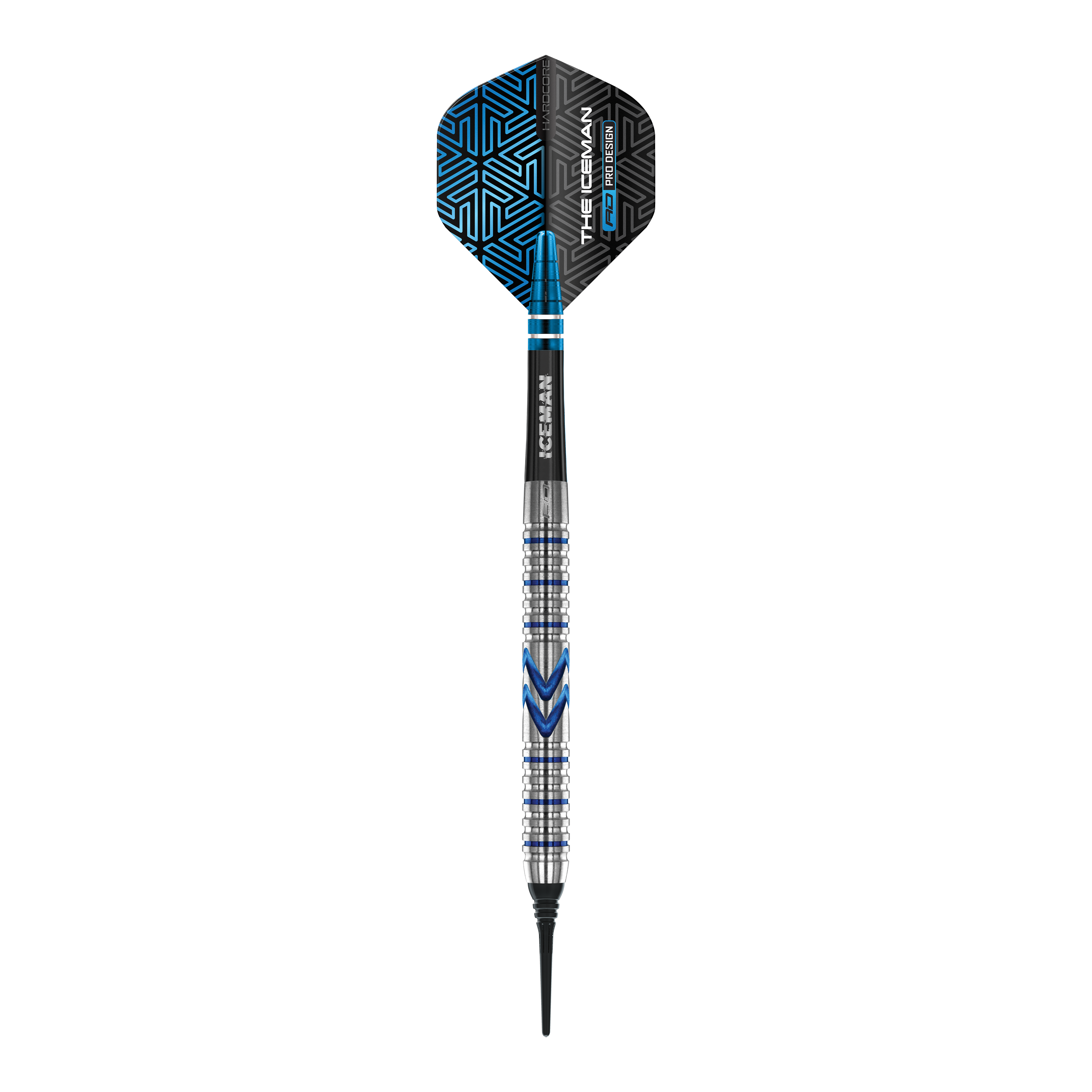 Czerwone lotki do gry Red Dragon Gerwyn Price Iceman Midnight Edition Soft Darts – 20 g Der abgebildete Softdart ist der "Red Dragon Gerwyn Price Iceman Midnight Edition" mit einem Gewicht von 20g. Er hat ein modernes Design mit silbernen und blauen Akzenten sowie einer schwarzen Flights mit blauen Mustern.