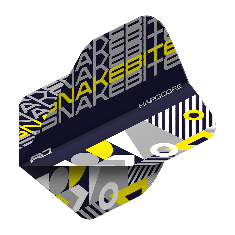 Das Bild zeigt ein Dart Flight mit dem Aufdruck "SNAKEBITE" in Schwarz, Gelb und Grau. Das Design ist modern und kombiniert geometrische Muster mit auffälligen Farben.