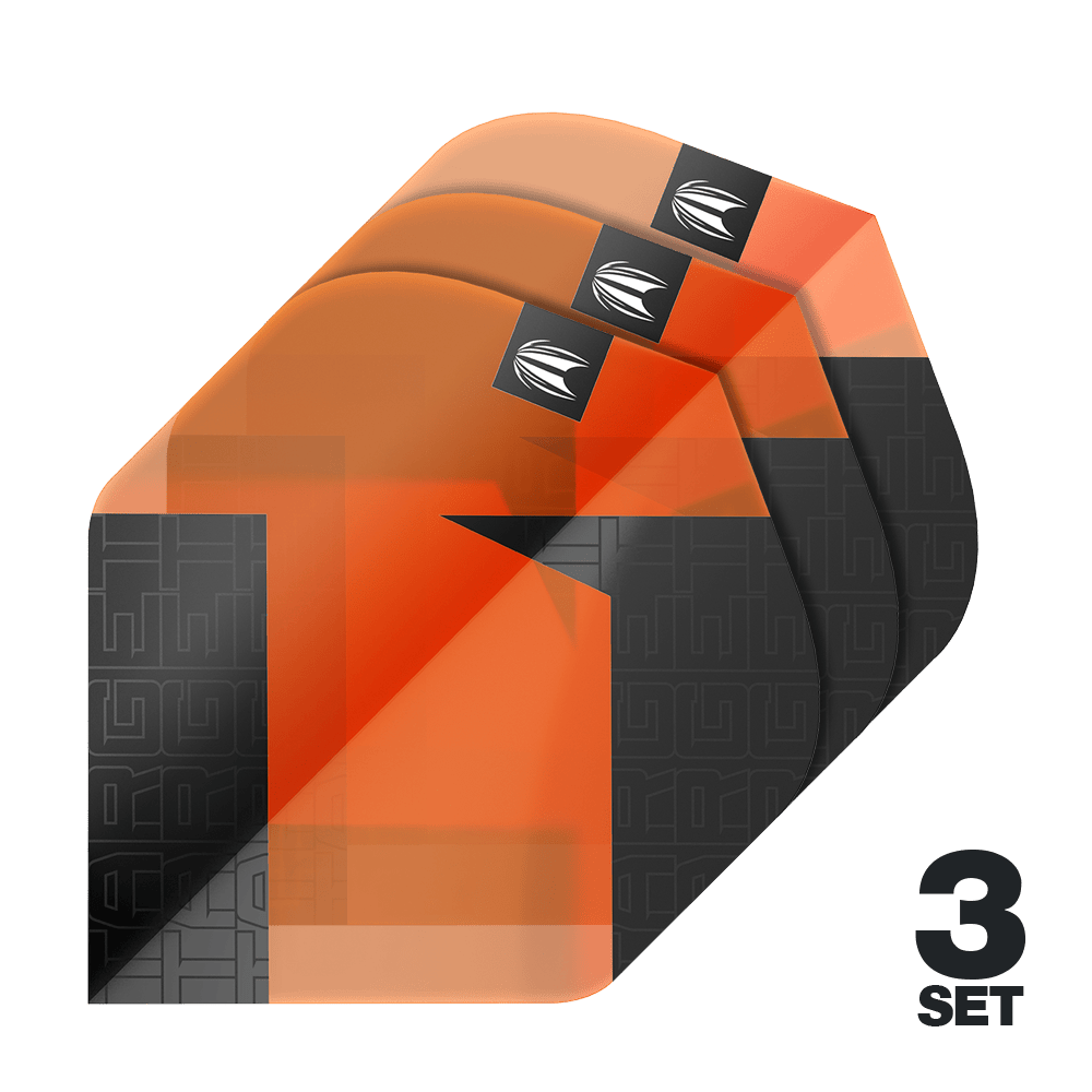 Target Pro Ultra TAG Orange No2 Standardowe lotki - 3 zestawy Das Bild zeigt drei orangefarbene Standard Flights für Darts mit schwarzem Muster. In der rechten unteren Ecke steht "3 SET".