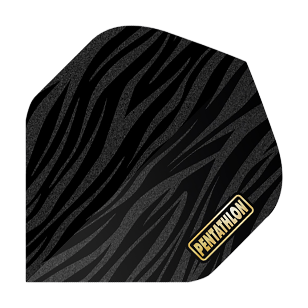 Pentathlon Flights RT Zebra Das Bild zeigt ein Dartflight mit einem Zebra-Muster in Schwarz und Grau. In der unteren Ecke steht das Wort "Pentathlon" in gelber Schrift.
