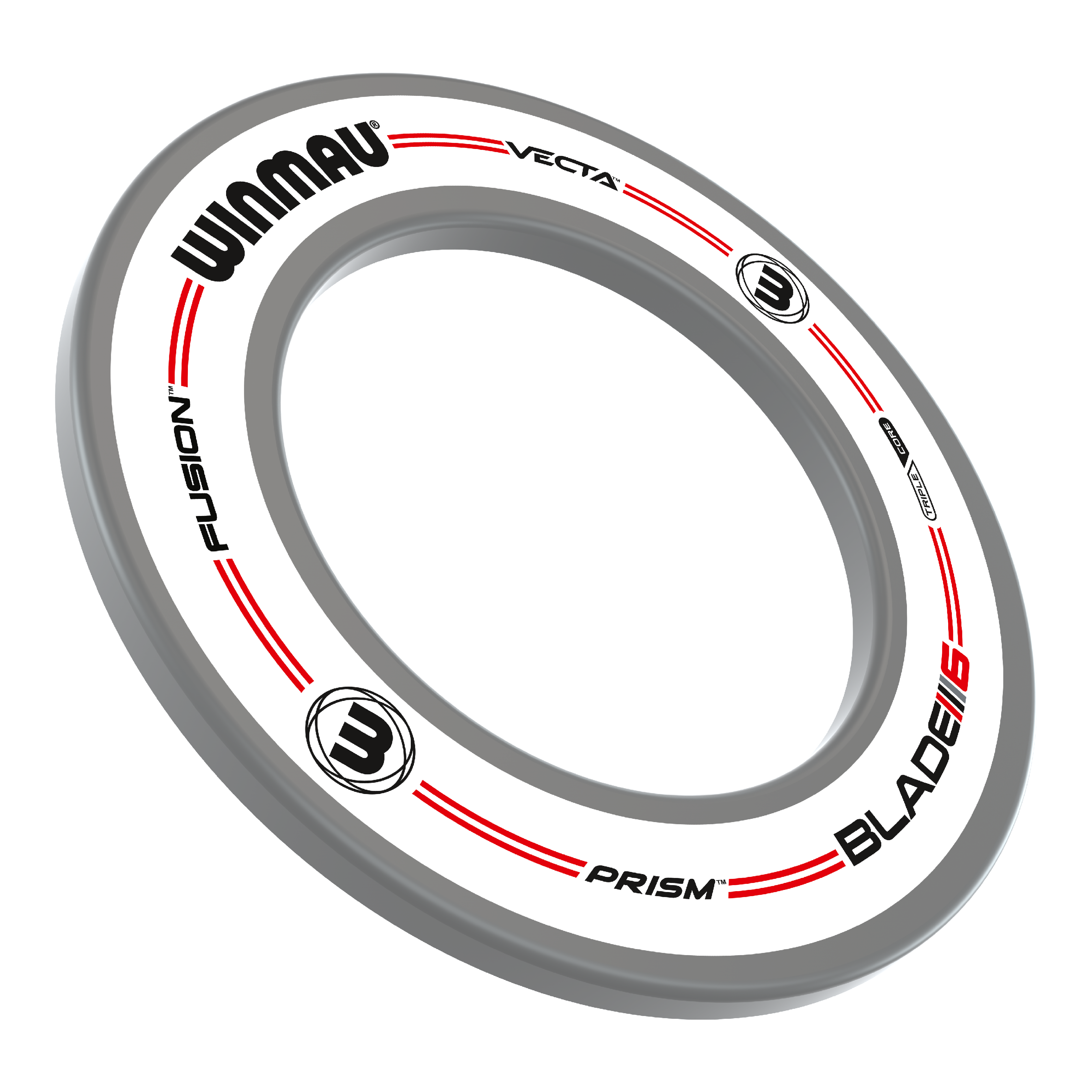 Dies ist das Winmau Pro-Line Original White Dartboard Surround. Es handelt sich um einen weißen Dartboard-Ring mit schwarzen und roten Aufdrucken.