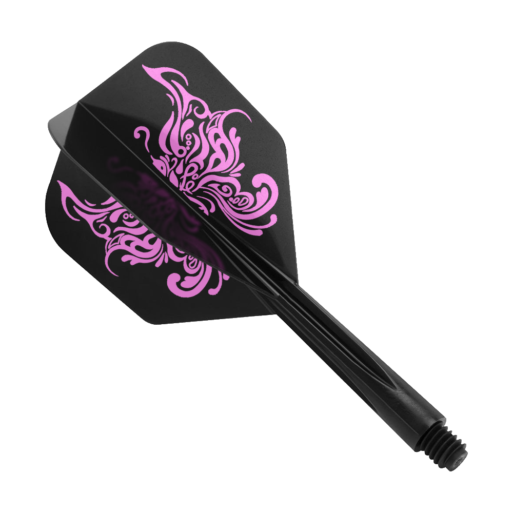 Das Bild zeigt einen schwarzen Dartflügel mit einem tribalartigen, rosa Schmetterlingsmuster. Das Produkt heißt "Condor AXE Tribal Butterfly Black Small".