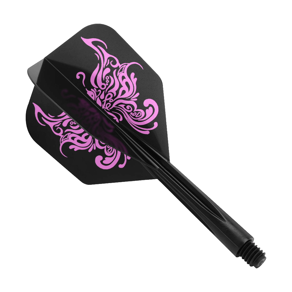 Condor_AXE_Tribal_Butterfly_Black_Small_1kIySlhxb0MD8O Das Bild zeigt einen schwarzen Dartflügel mit einem tribalartigen, rosa Schmetterlingsmuster. Das Produkt heißt "Condor AXE Tribal Butterfly Black Small".