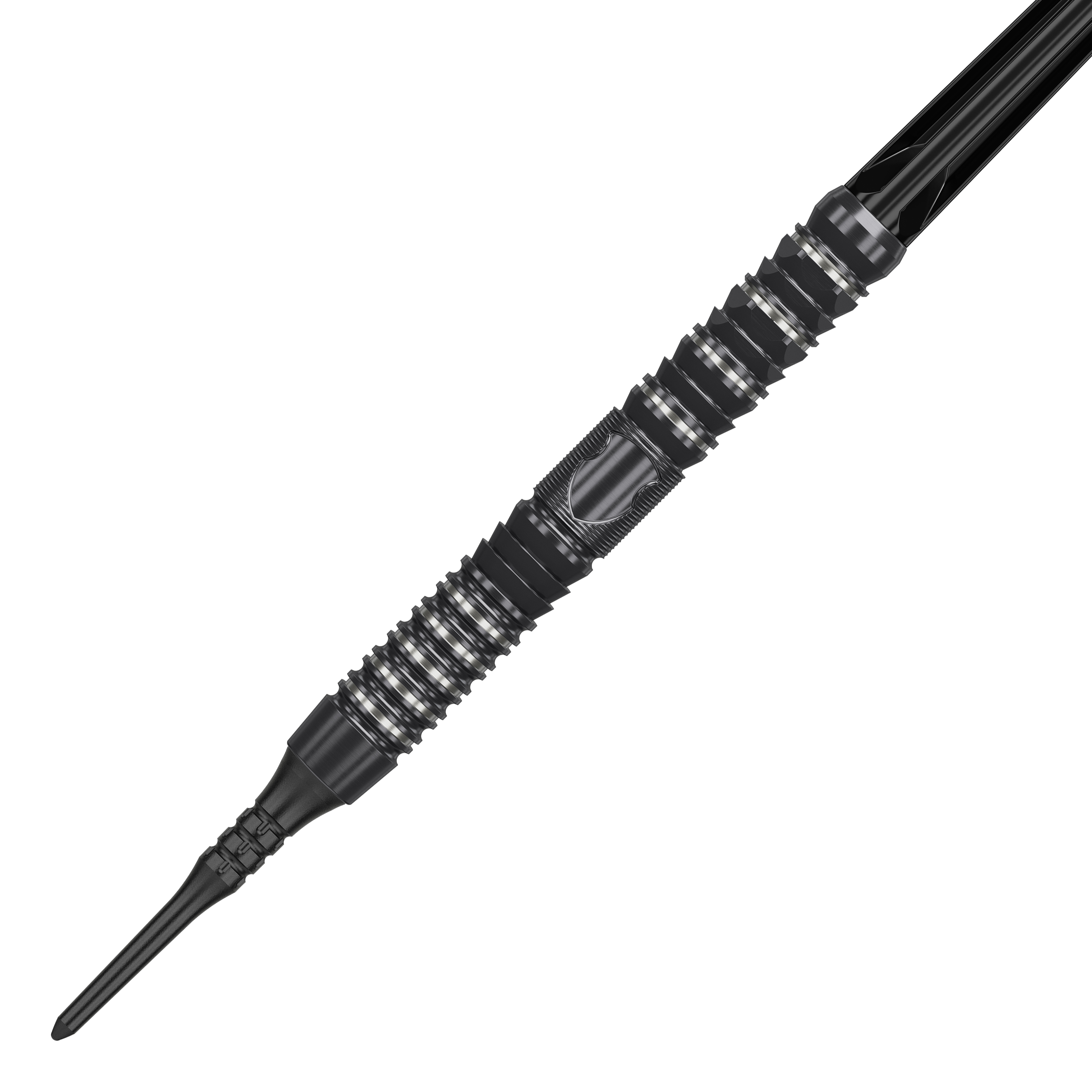 Das Bild zeigt einen Target Japan Black Marque Draco GEN2 Softdart mit einem Gewicht von 20g. Der Dart ist schwarz-silbern und hat ein modernes, gerilltes Design für besseren Halt.
