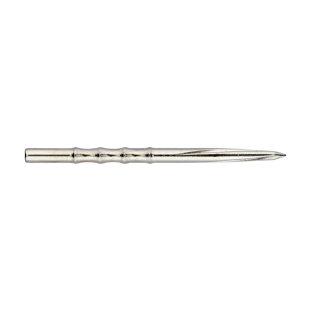 Stalowe końcówki do lotek Unicorn Volute Scalloped Das Bild zeigt eine silberne Steeldartspitze mit einem gerillten Design. Die Spitze ist schlank und hat eine profilierte, leicht gewellte Oberfläche.