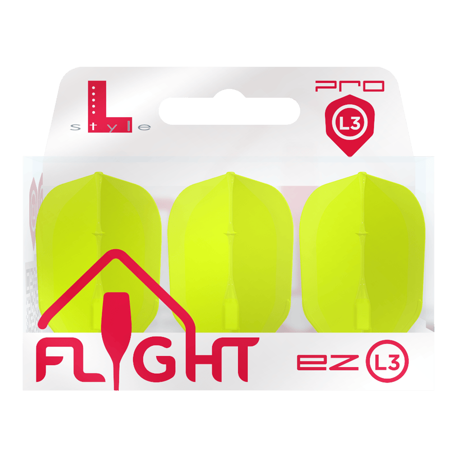 Loty L-L-Style3EZ Das Bild zeigt eine Packung mit drei neon-gelben Dart-Flights der Marke L-Style. Auf der Verpackung steht „FLIGHT ez L3 Pro“.