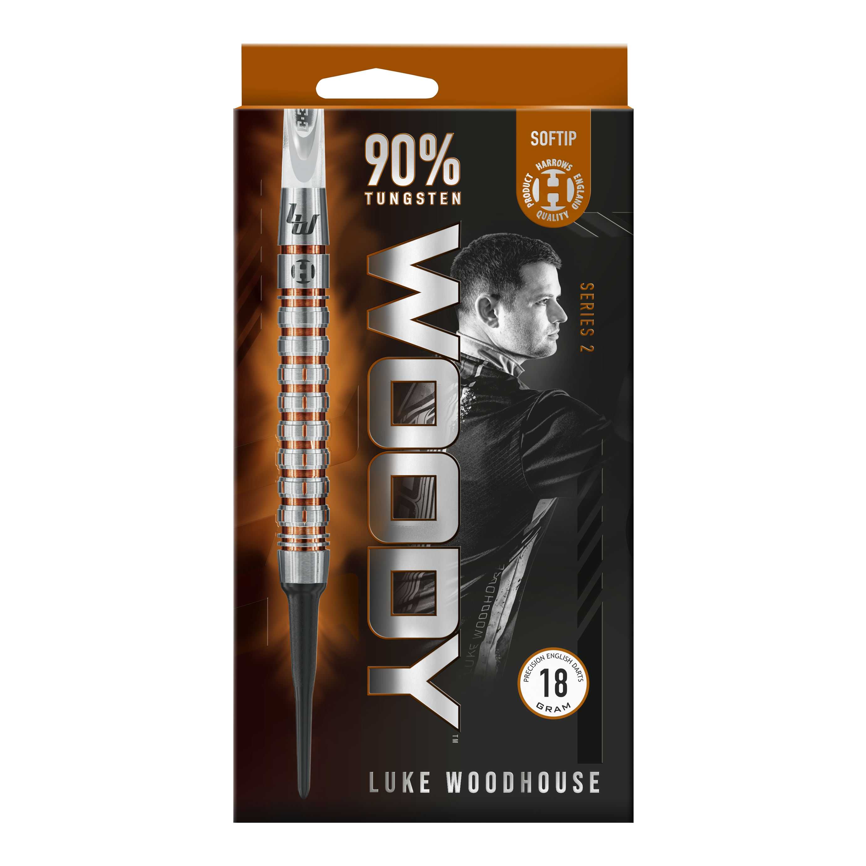Harrow's Luke Woodhouse Series 2 Soft Darts - 18g Die Verpackung zeigt die Harrows Luke Woodhouse Series 2 Softdarts mit einem Gewicht von 18 Gramm. Auf der Vorderseite ist ein großes Bild eines Softdarts sowie das Porträt von Luke Woodhouse abgebildet.