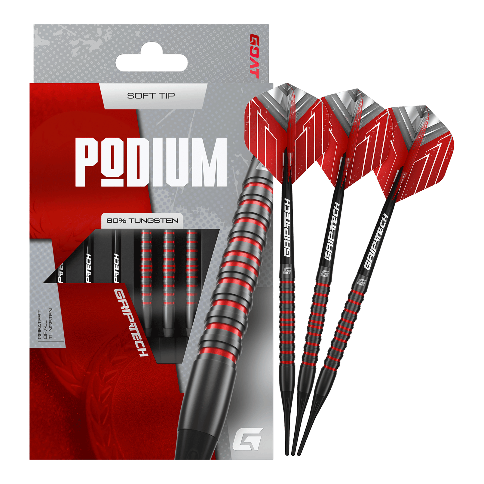 Hier sieht man die GOAT Podium Black Softdarts - 20g in voller Länge. Die schwarzen Darts sind detailliert dargestellt.