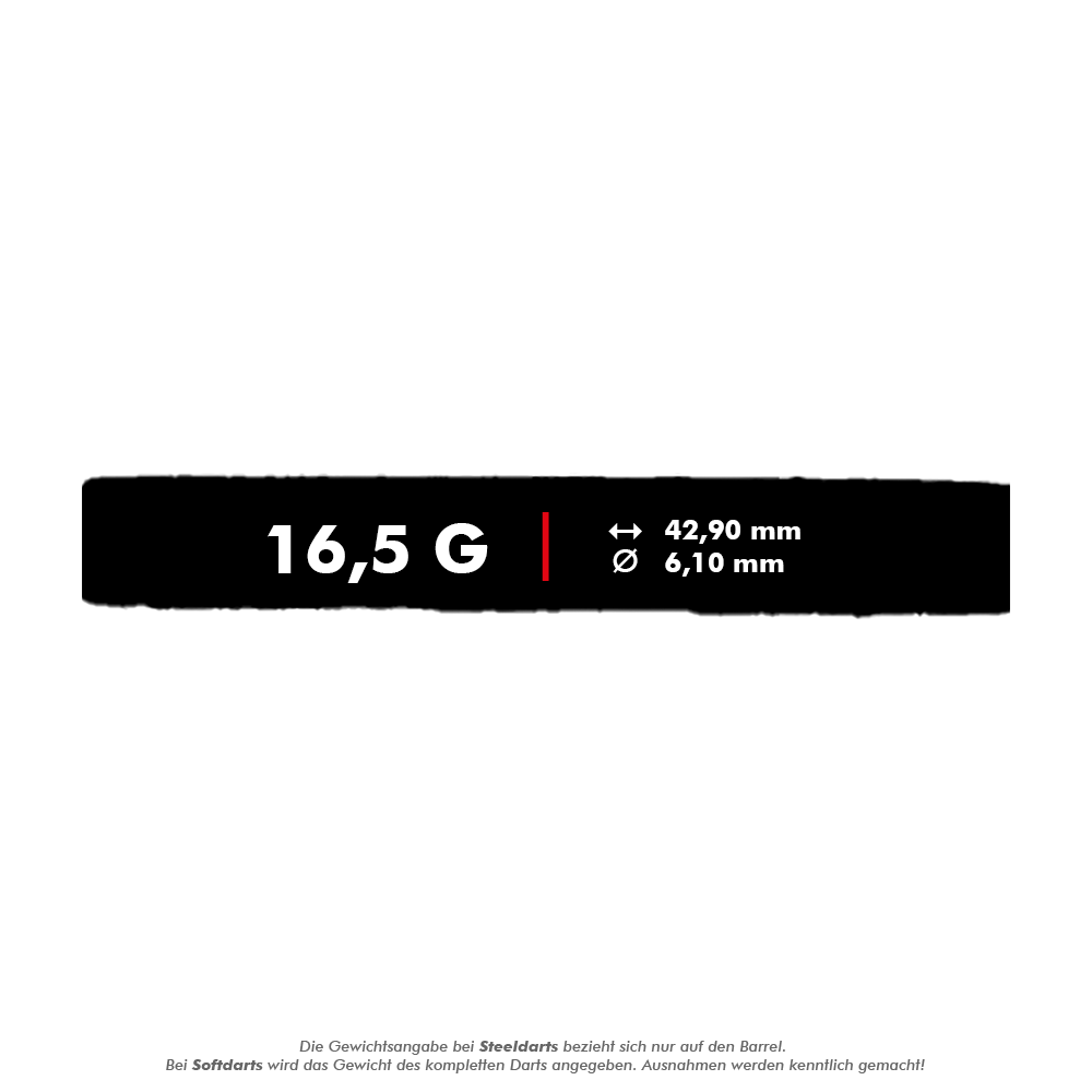 Lotki miękkie McDart 85 Tungsten V16 - 16,5 g Das Bild zeigt die Eigenschaften des Produkts "McDart 85er Tungsten V16 Softdarts - 16,5g". Angegeben sind das Gewicht von 16,5 Gramm, eine Länge von 42,90 mm und ein Durchmesser von 6,10 mm.