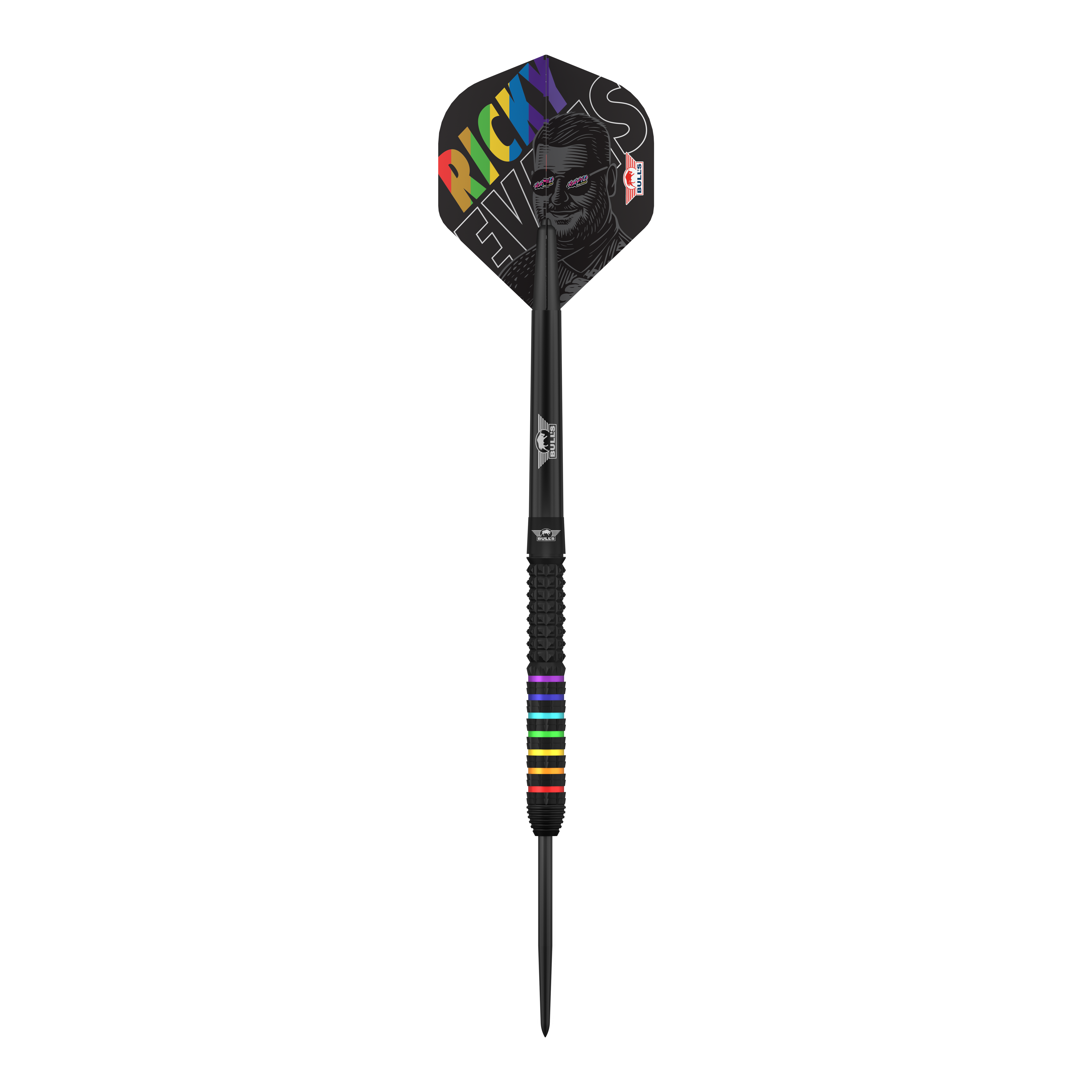 Zu sehen ist das Produkt Bulls NL Ricky Evans Rapid 95 Steeldarts - 23g. Die Aufnahme fokussiert auf die Optik des Dartpfeils.