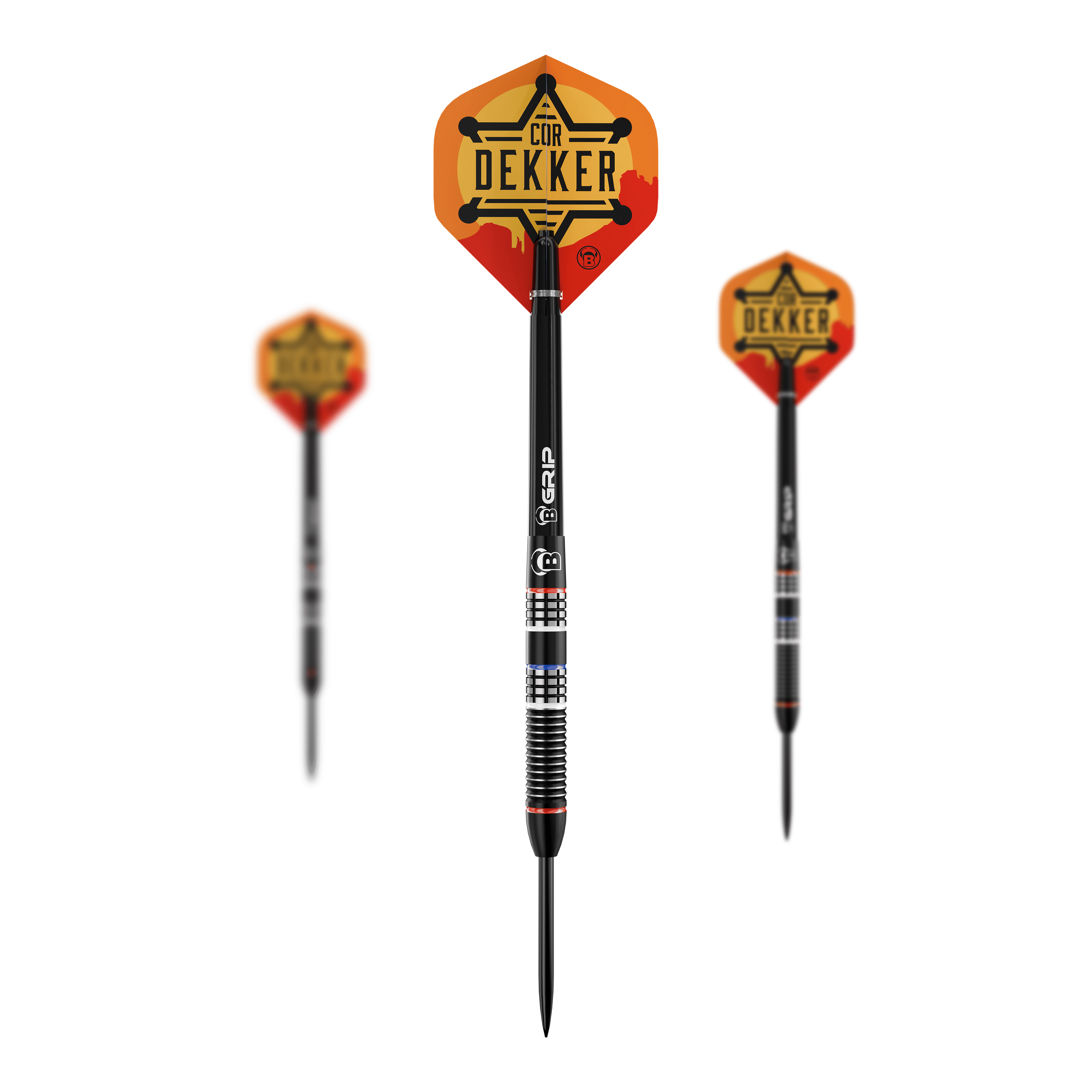 Bulls Cor Dekker The Sheriff Steeldarts - 23g Es ist ein Set der Bulls Cor Dekker The Sheriff Steeldarts mit 23 Gramm zu sehen. Das Set enthält mehrere Darts für das professionelle Dartspiel.