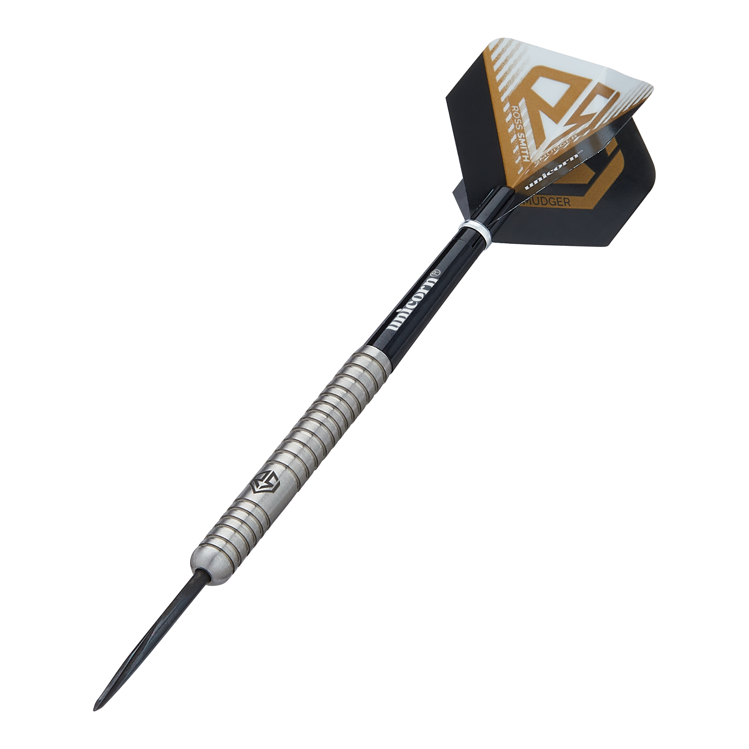 Auf dem Bild ist ein Steeldart namens "Unicorn Ross Smith Natural Steeldarts" zu sehen. Der Dart hat einen silbernen, gerillten Griff und schwarze Flights mit goldenen Akzenten.