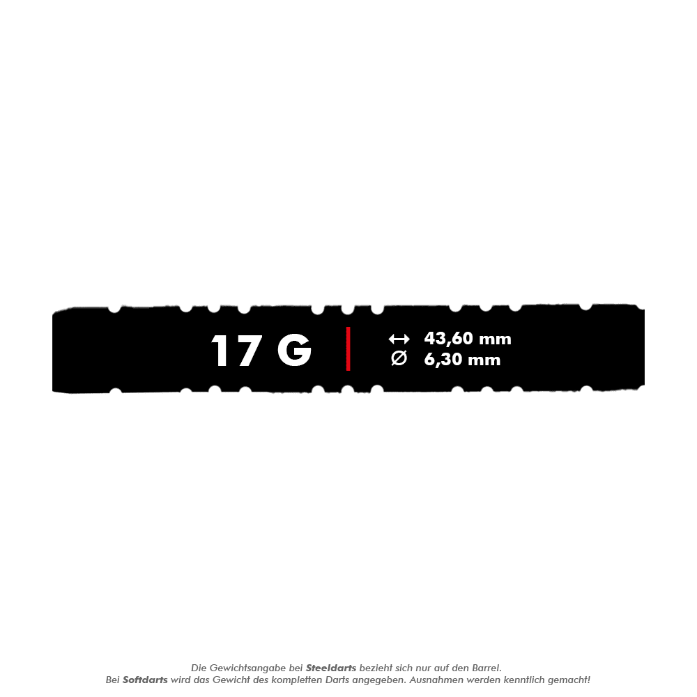 Lotki miękkie McDart 85 Tungsten V2 - 17g Das Bild zeigt die Produktdaten für die McDart 85er Tungsten V2 Softdarts mit einem Gewicht von 17 Gramm. Die Darts haben eine Länge von 43,60 mm und einen Durchmesser von 6,30 mm.