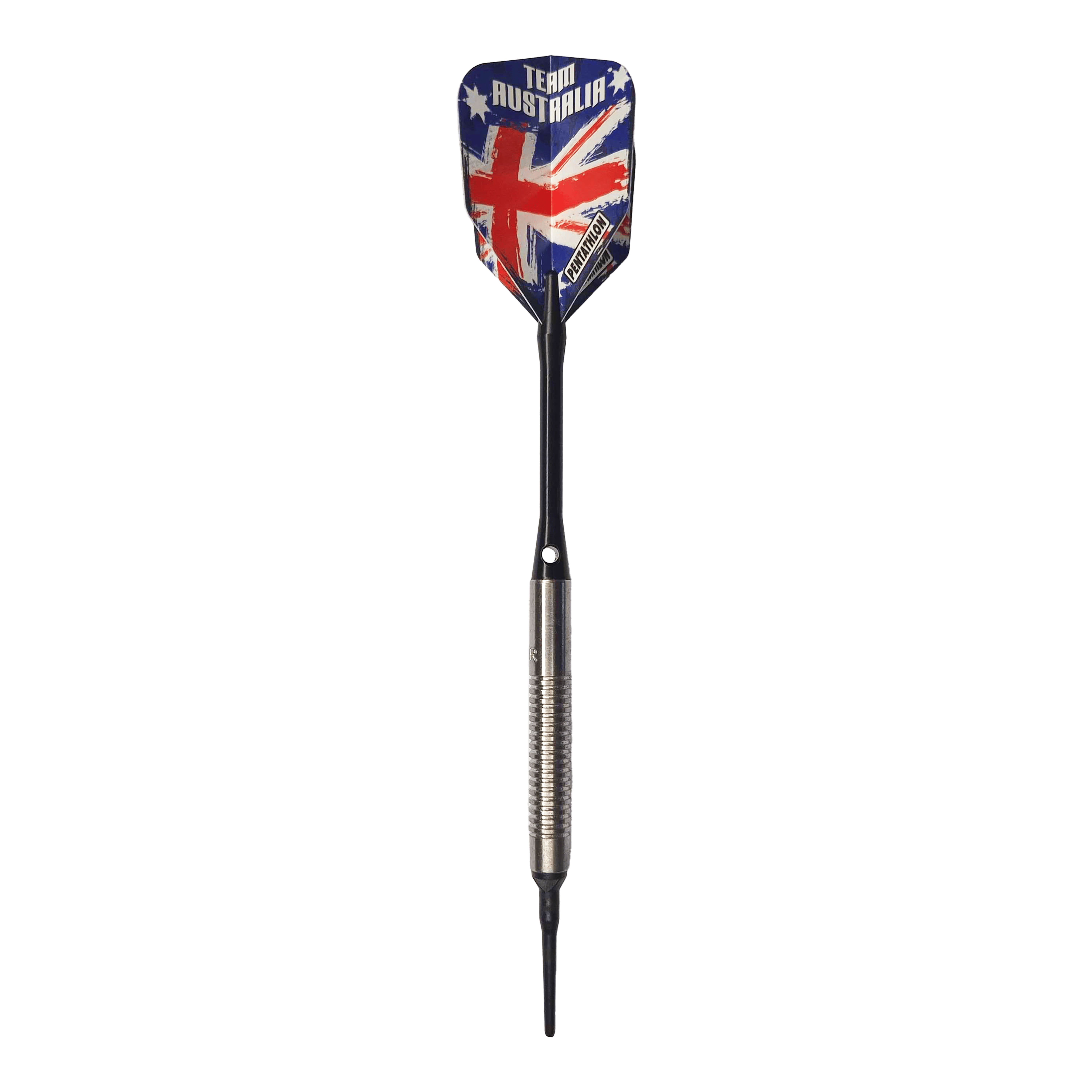 Lotki McDart 85 Tungsten V8 Soft Darts - 18,5 g Auf dem Bild ist ein Softdart mit einer silbernen Griffzone und langer schwarzer Spitze zu sehen. Die Dart-Flügel zeigen das Design der australischen Flagge mit der Aufschrift "TEAM AUSTRALIA".