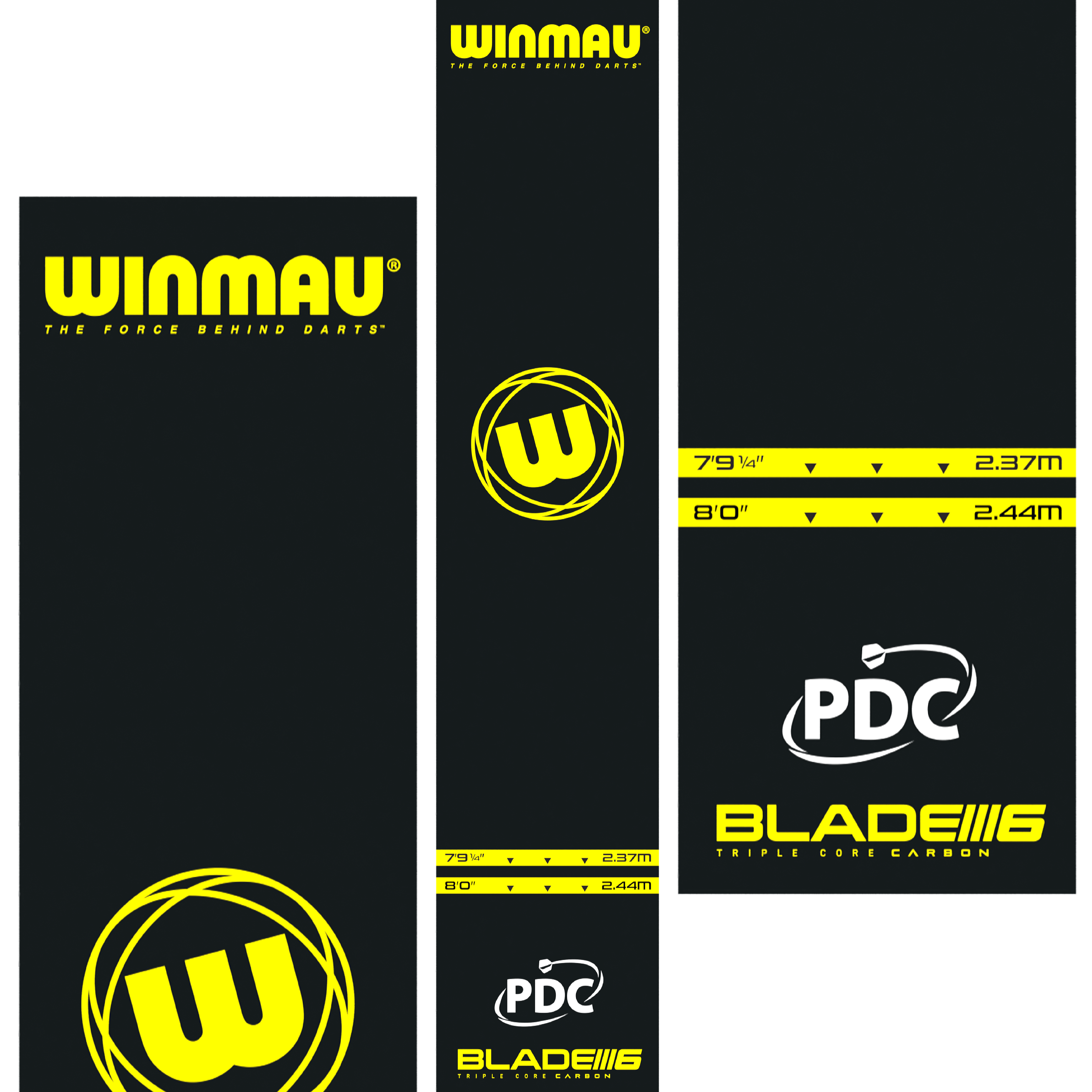 Mata do rzutek Winmau Pro-Zone Essential PVC Das Bild zeigt die Winmau Pro-Zone Essential PVC Dartmatte mit auffälligen gelben Logos und Markierungen. Die Matte zeigt Abwurflinien in den Längen 2,37 m und 2,44 m sowie die Logos von Winmau, PDC und Blade 6.