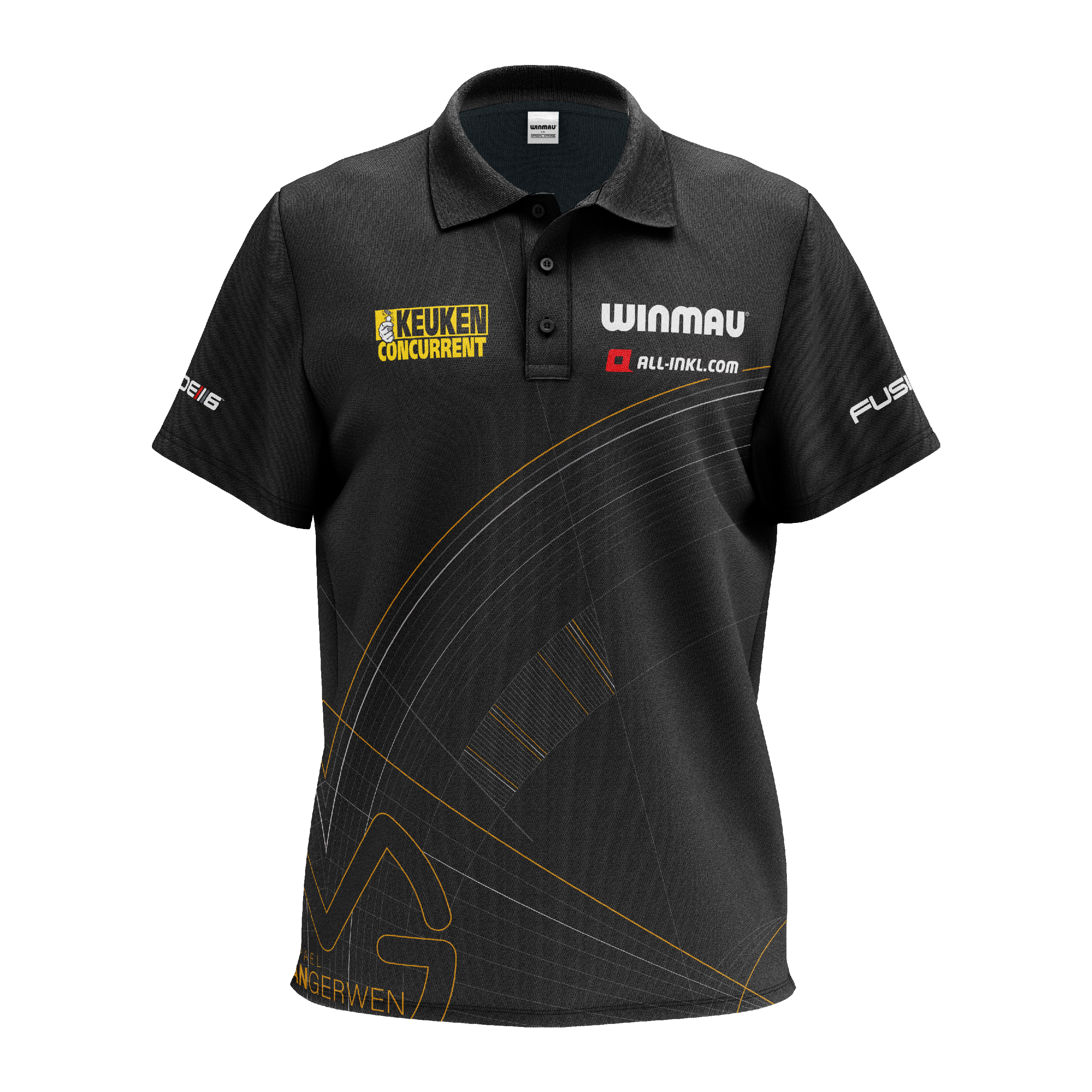 Koszulka polo dart Winmau z limitowanej edycji Das Bild zeigt ein schwarzes Polo-Dartshirt mit verschiedenen Logos und Sponsorenaufdrucken. Das Shirt ist das "Winmau Limited Edition Tour Polo Dartshirt".