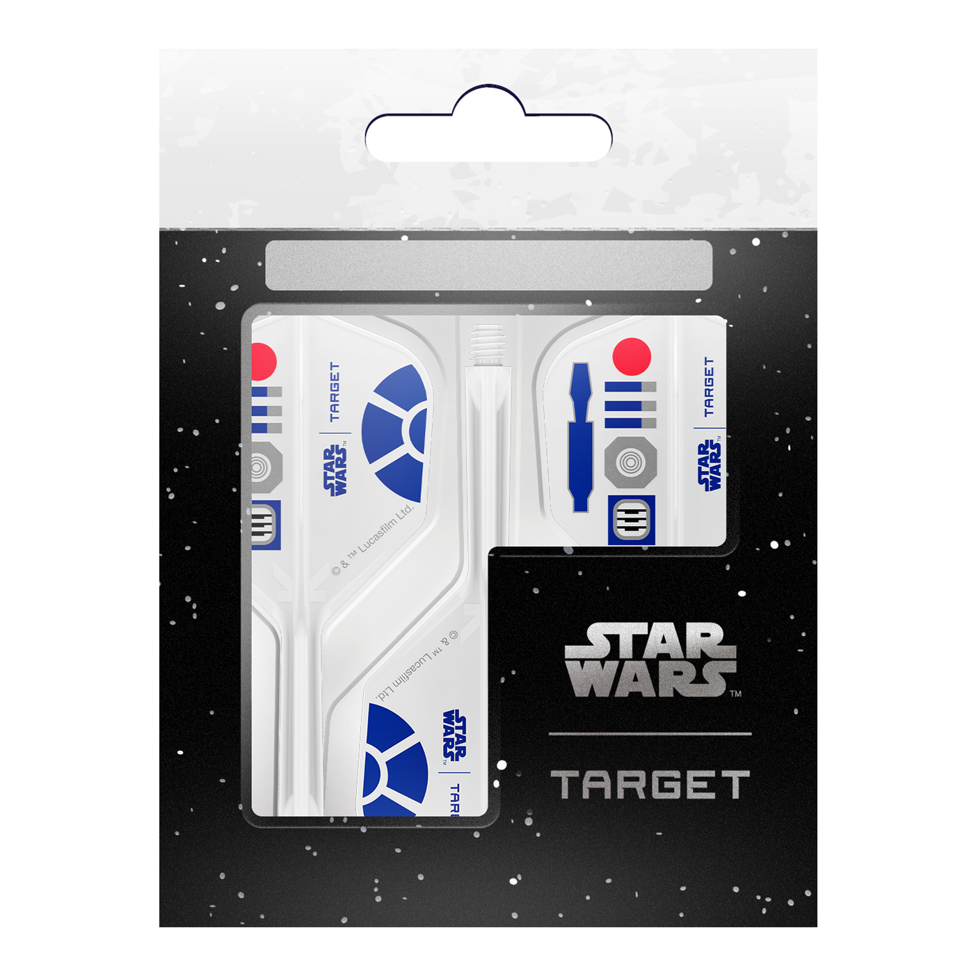 Target Star Wars K-Flex R2D2 No6 Flights Dartflights sind auf dem Bild zu sehen. Die Flights zeigen ein Design im Star Wars-Stil mit R2D2-Motiv.
