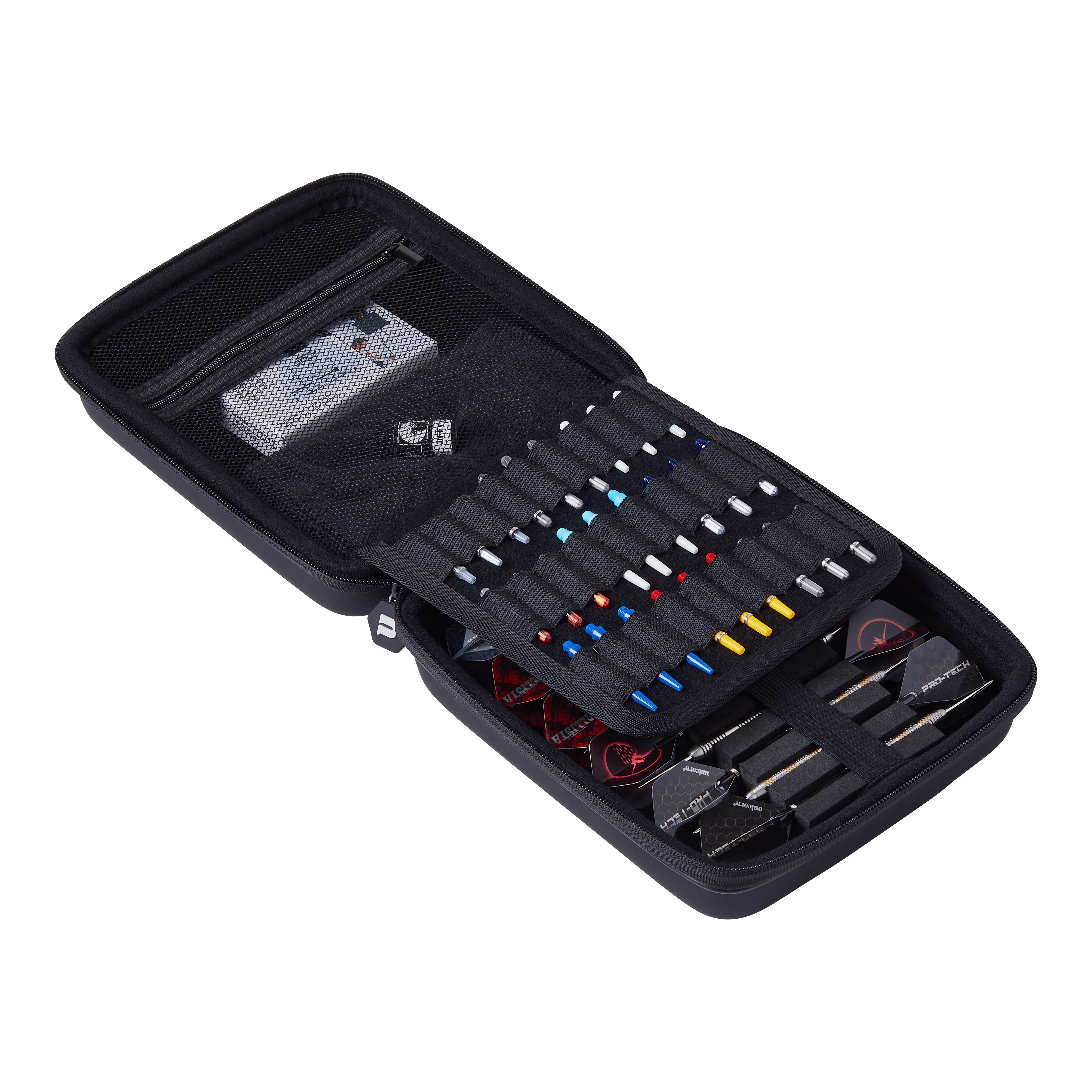 Unicorn Ultra 3UP Duże etui na lotki – czarne Das Bild zeigt ein offenes schwarzes Dartcase namens "Unicorn Ultra 3UP Large Dartcase". Im Inneren sind verschiedene Dartpfeile, Ersatzteile und Zubehör ordentlich sortiert.