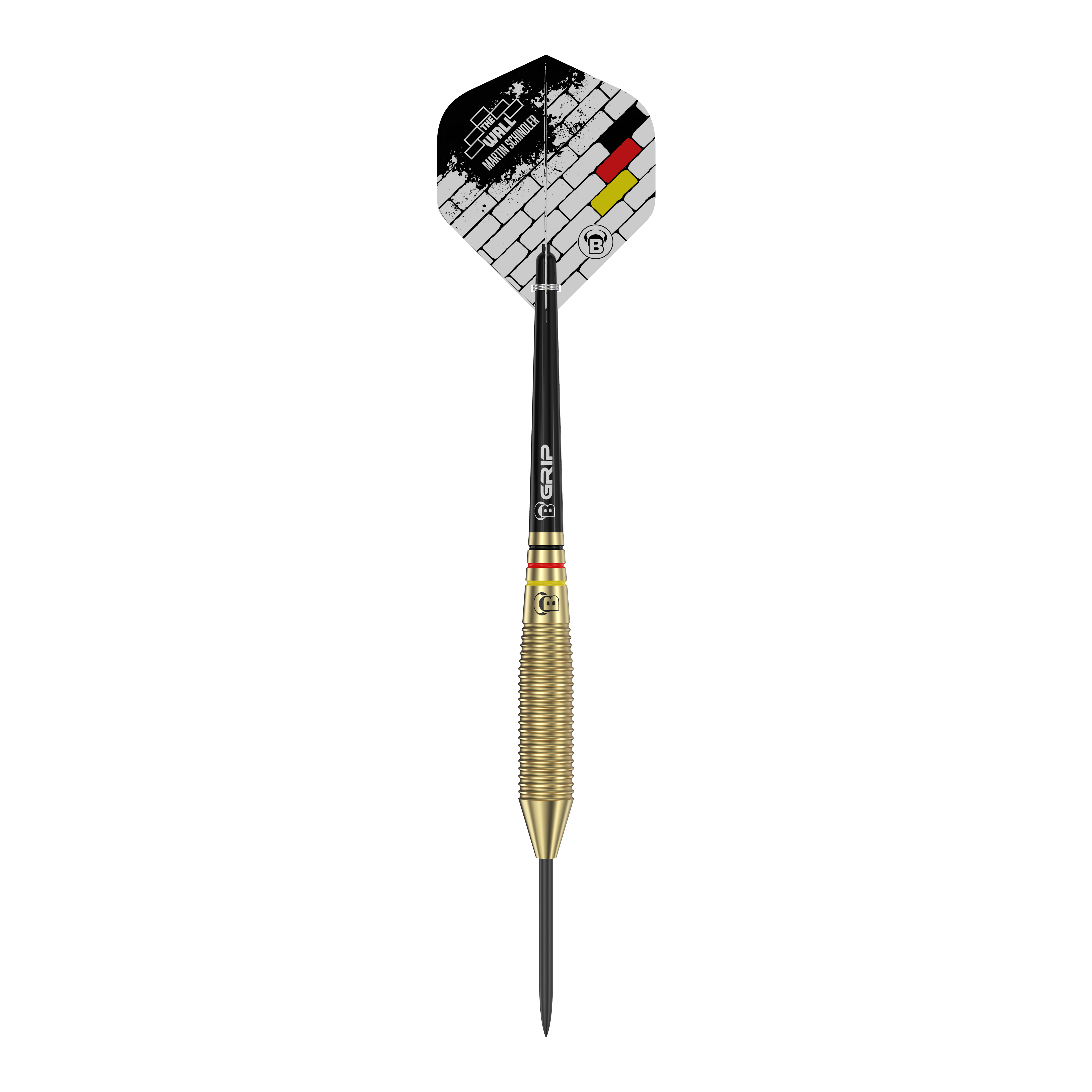 Byki Martin Schindler The Wall Brass Steeldarts Auf dem Bild ist ein Bull's Martin Schindler The Wall Brass Steeldart zu sehen. Der Dartpfeil hat einen messingfarbenen, geriffelten Schaft und eine Flight mit einem Ziegelstein-Design und deutschen Farben.