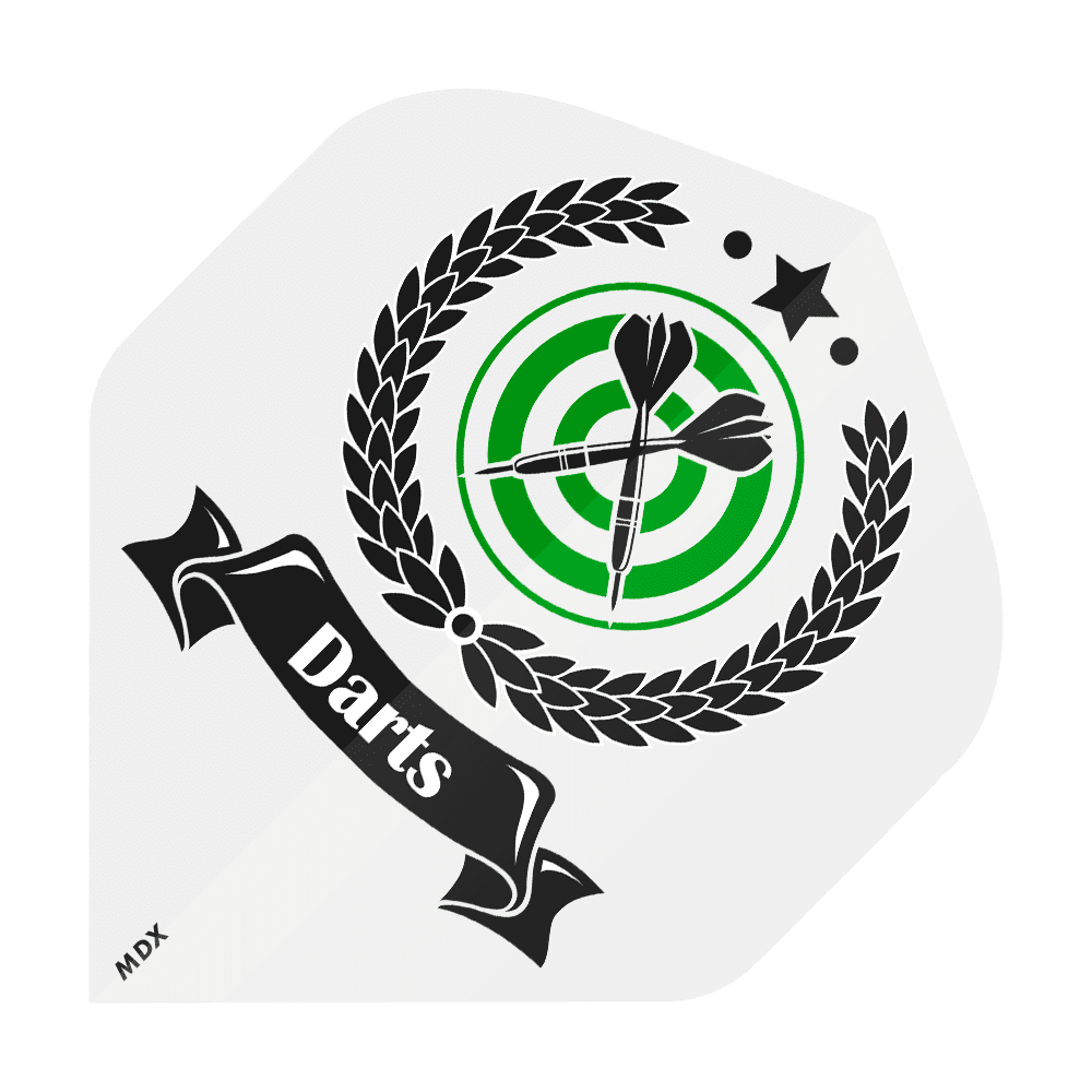 MD-401-4SLog_4-seitig_Bedruckte_Flights_Logo_MDX_2 Das Bild zeigt ein Dart-Flight mit einem grünen Zielscheiben-Motiv und zwei darauf gerichteten Dartpfeilen. Drumherum ist ein Lorbeerkranz sowie ein schwarzes Banner mit der Aufschrift „Darts“ abgebildet.