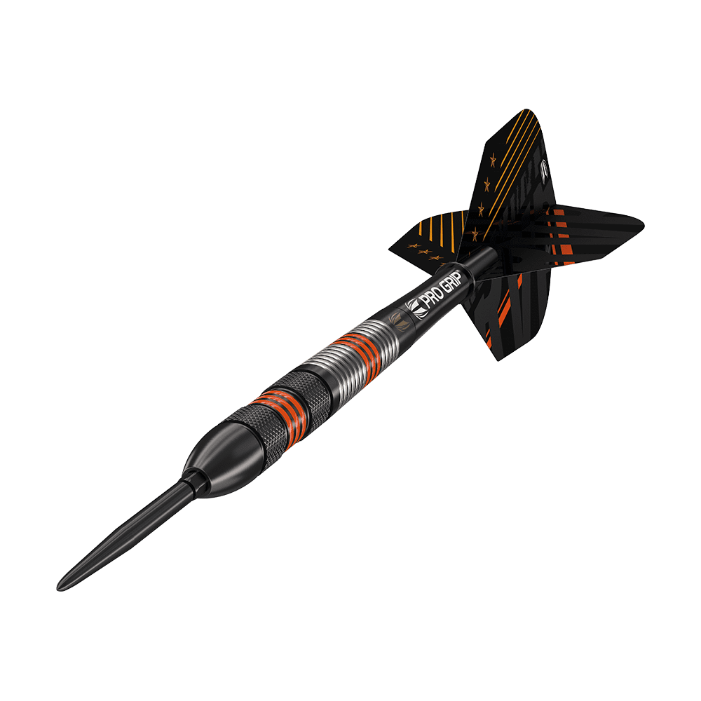 Dies ist ein schwarzer Steeldart mit roten und silbernen Ringen am Griff. Die Flight ist schwarz mit orangefarbenen Streifen und kleinen Sternen.