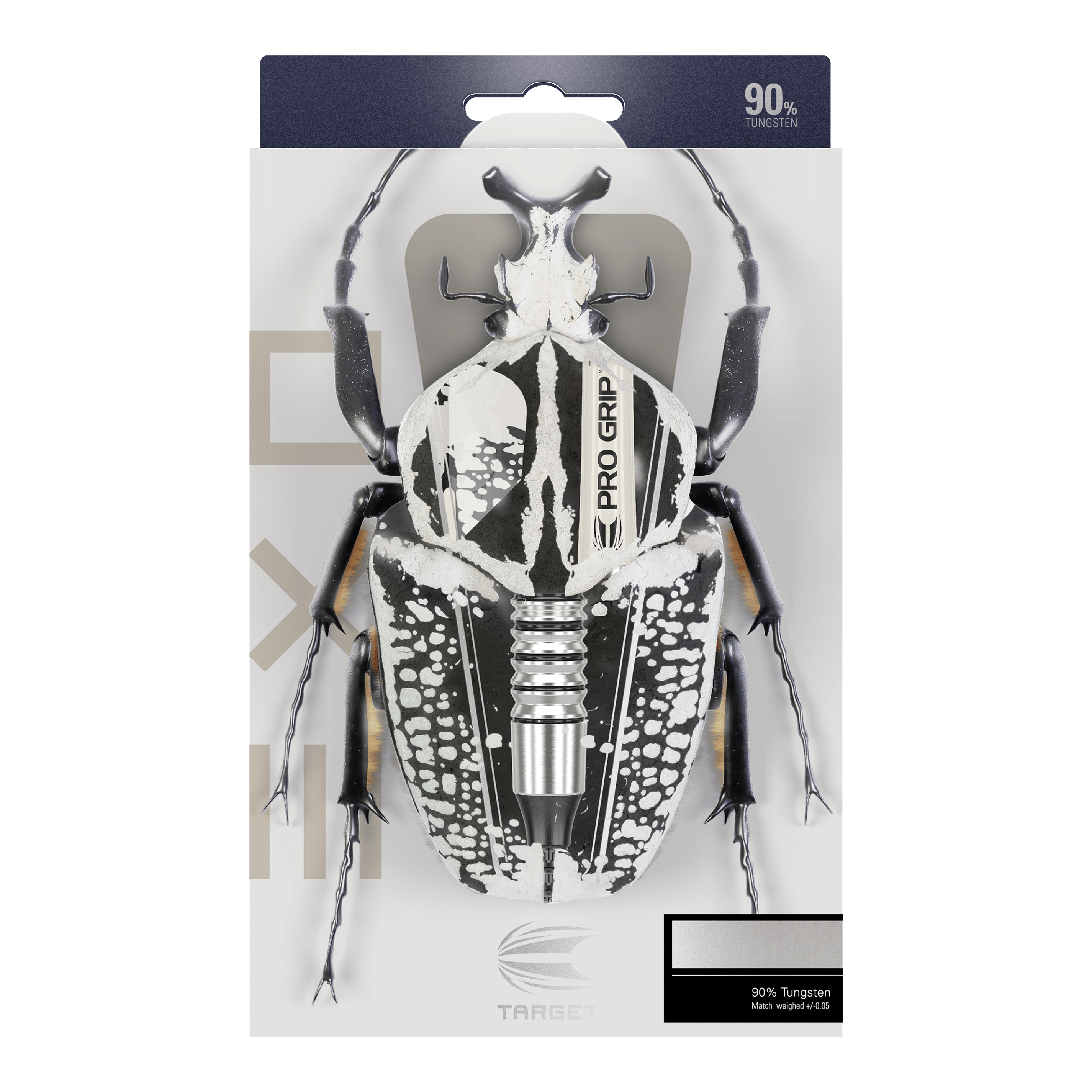 Target EXO 10 miękkich rzutek Die Verpackung zeigt die Target EXO 10 Softdarts, bei denen ein Dartpfeil kreativ als Teil eines Käfers dargestellt ist. Oben steht, dass die Darts aus 90 % Tungsten bestehen.