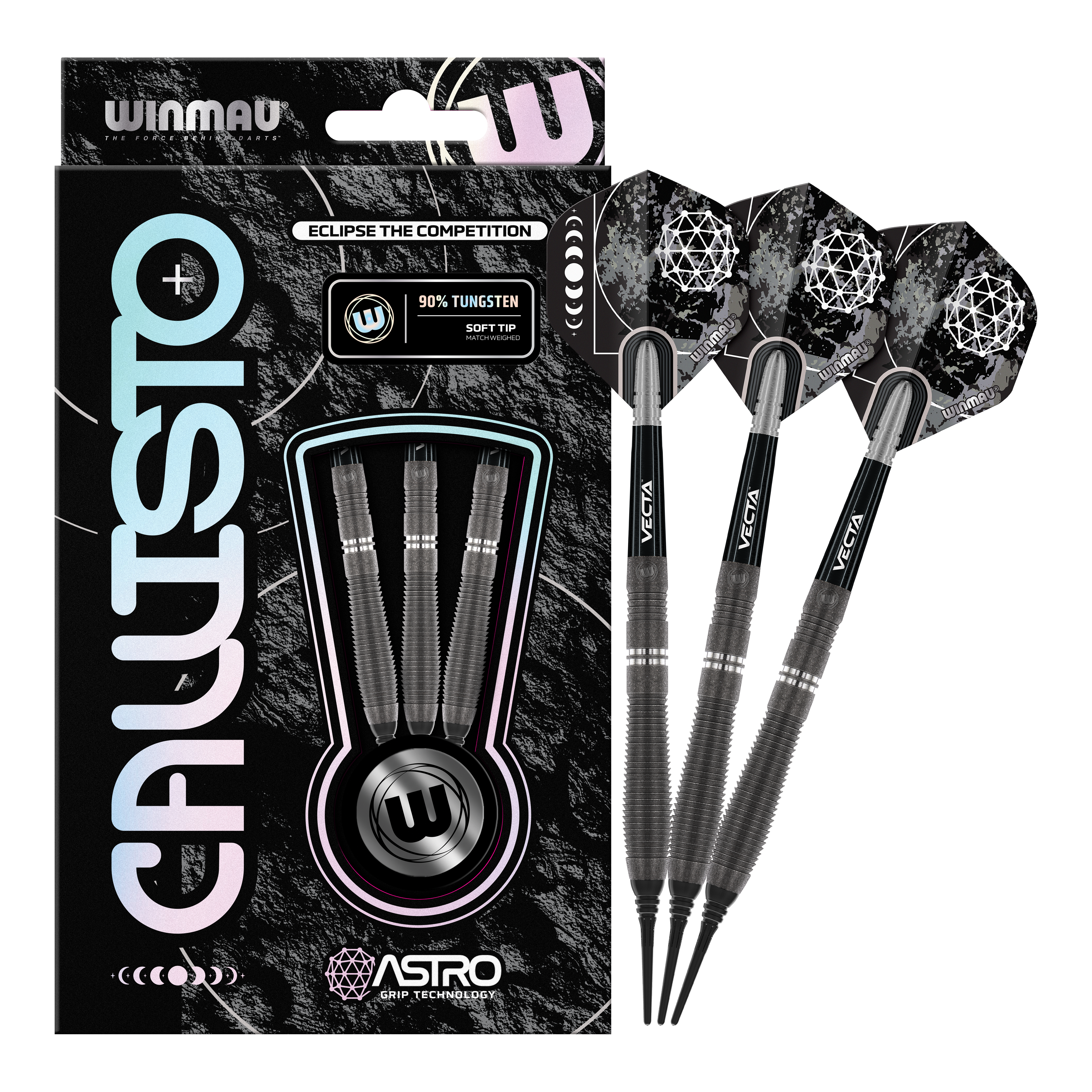 Winmau Callisto 02 Softdarts - 20g Das Bild zeigt die Winmau Callisto 02 Softdarts mit einem Gewicht von 20 Gramm. Die Verpackung enthält drei Darts mit schwarzen Schäften und auffälligen Flights.