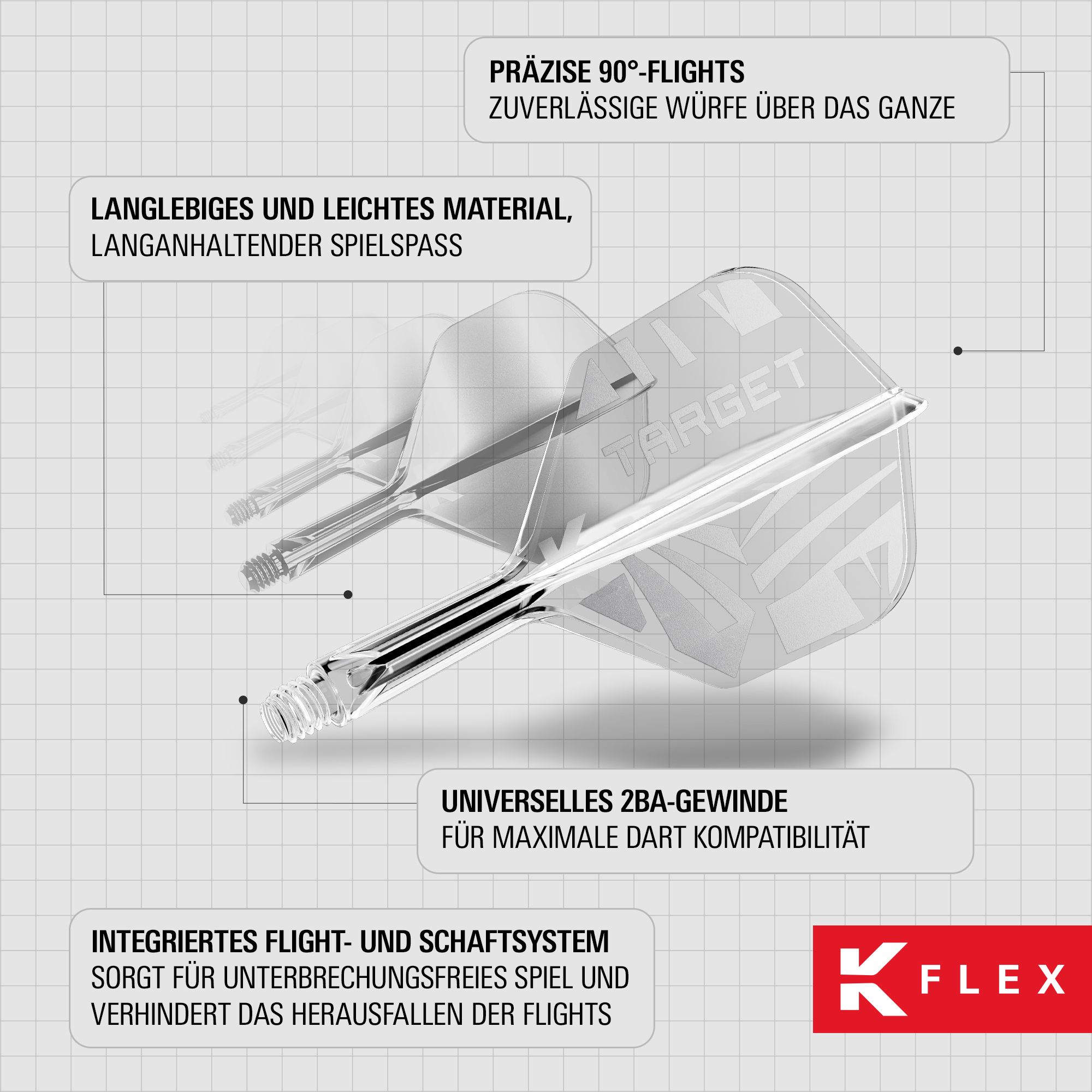 Lotki standardowe Target K-Flex Clear No2 Das Bild zeigt die Target K-Flex Clear No6 Flights. Es handelt sich um transparente Dartflights in modernem Design.