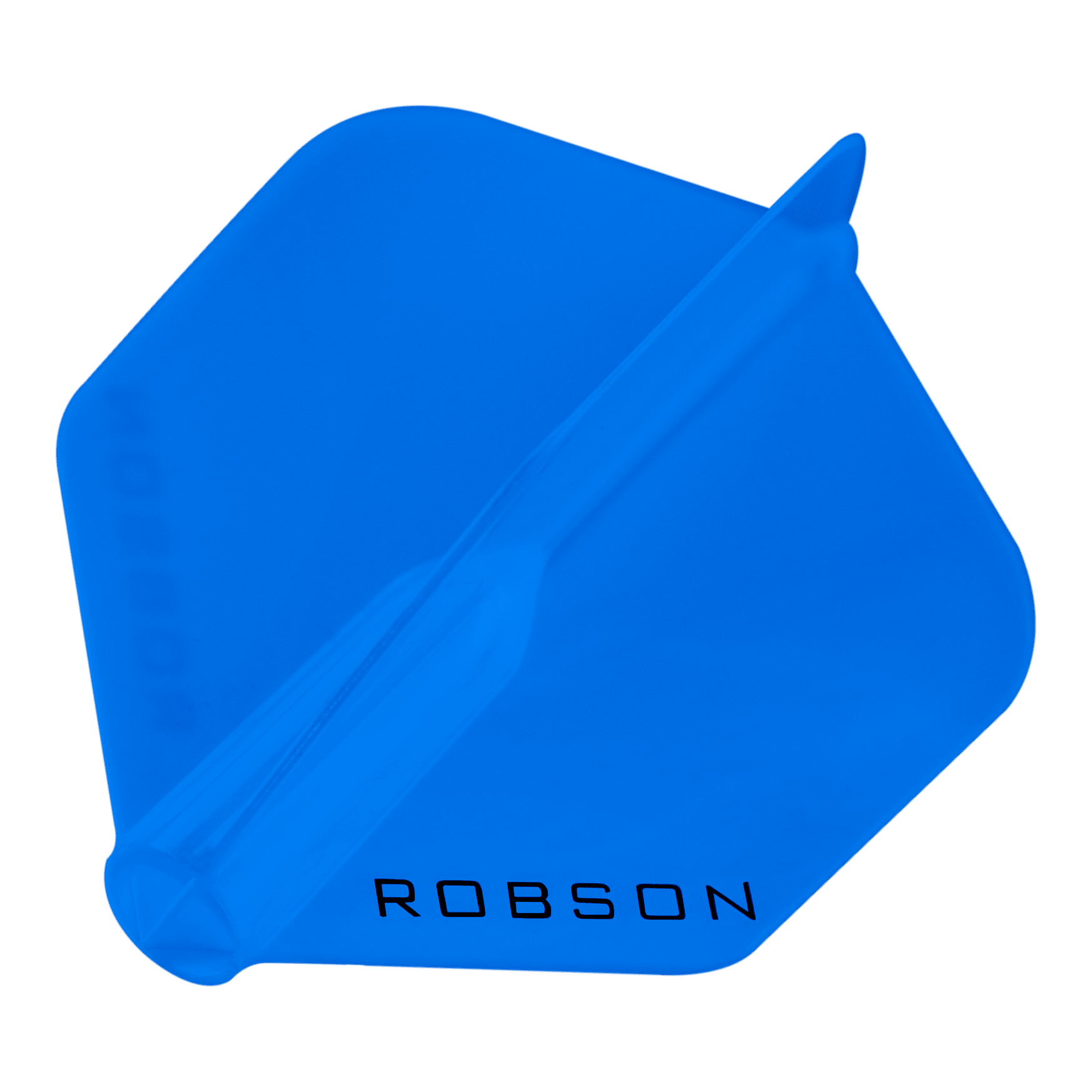 Robson Plus Standard Flights Das Bild zeigt einen blauen Dartflight mit der Aufschrift "ROBSON". Der Flight hat eine standardmäßige sechseckige Form.