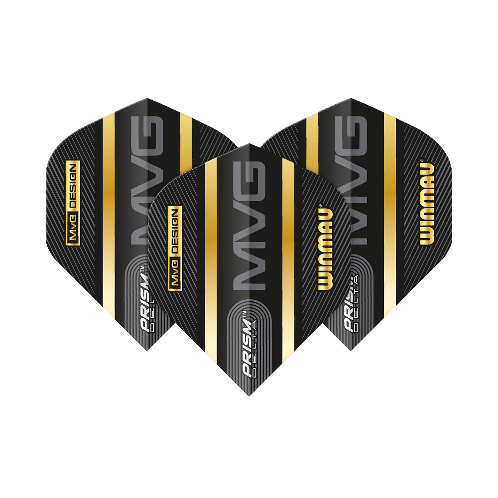 6915-238_Winmau_Prism_Delta_MvG_Standard_Flights_1bEv34SZ2YXrGd Das Bild zeigt drei Winmau Prism Delta MvG Standard Flights für Darts. Die Flights sind schwarz mit goldenen und silbernen Streifen sowie mit den Aufdrucken "MVG", "WINMAU" und "PRISM DELTA".