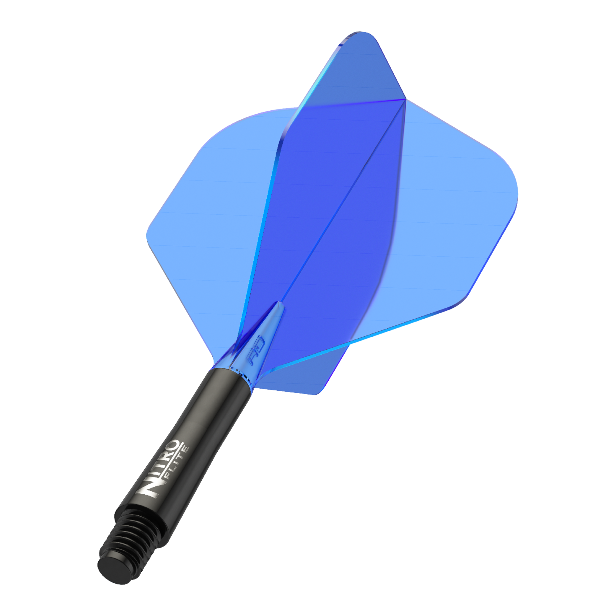 Red Dragon Nitroflite - Czarny trzonek niebieski nr 2 Loty Auf dem Bild ist ein blauer Dartflug mit schwarzem Schaft zu sehen. Der Schaft trägt die Aufschrift "Nitro Flite".