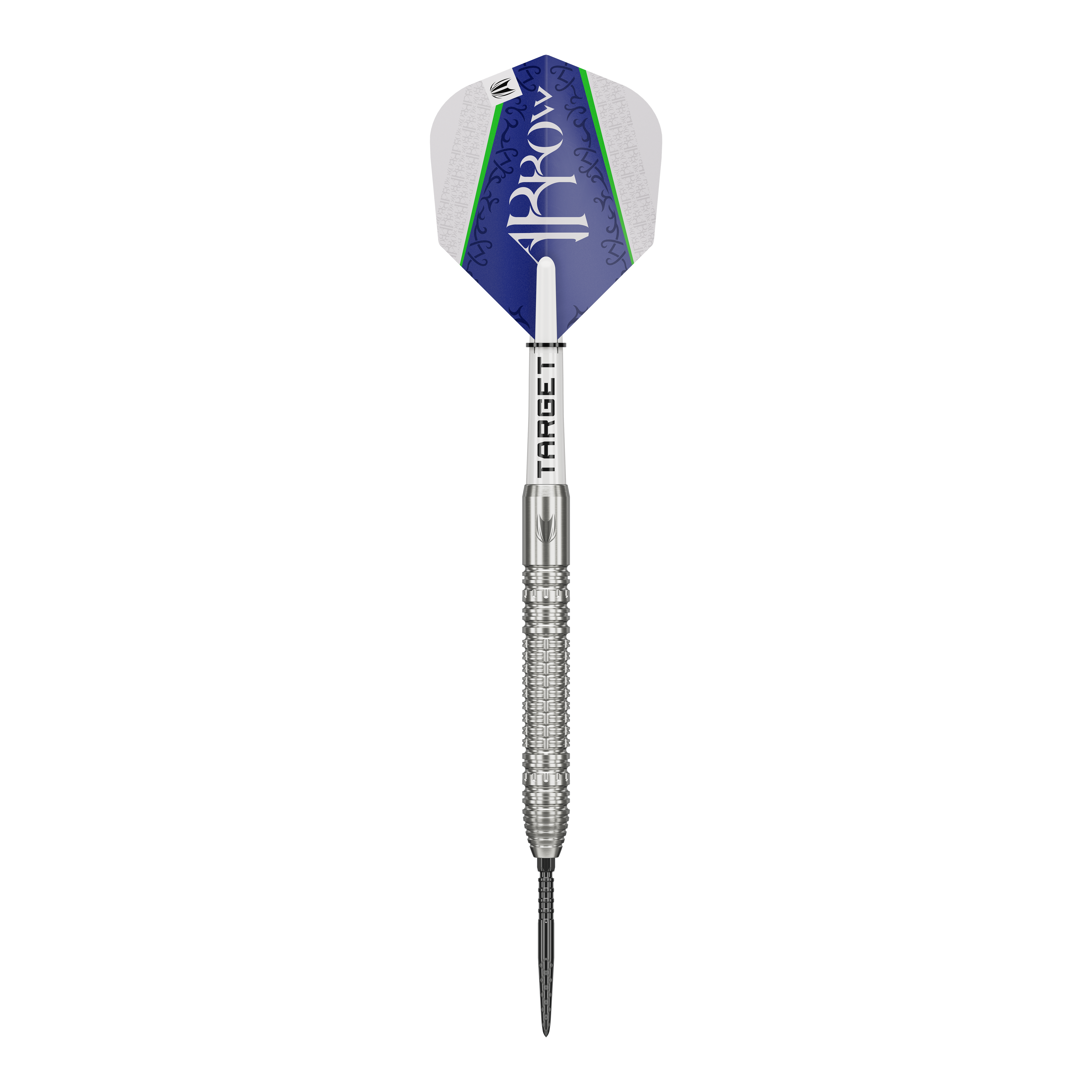 Lotki stalowe Target Shane McGuirk GEN1 Swiss Point - 23g Auf dem Bild ist der Target Shane McGuirk GEN1 Swiss Point Steeldart mit 23g zu sehen. Der Dartpfeil hat ein silbernes Griffstück und eine blau-weiße Flight mit grünem Akzent.