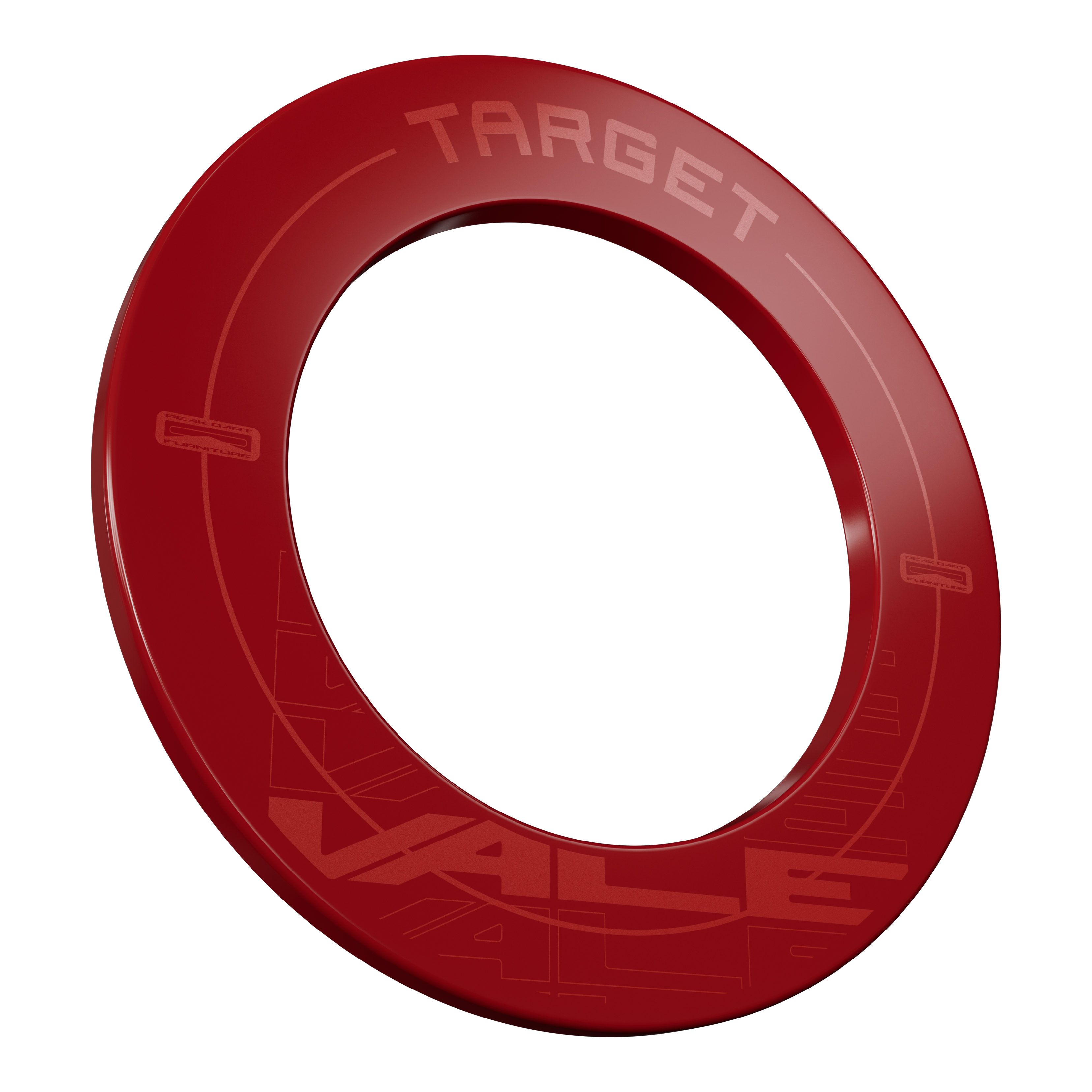 Tarcza do darta Target VALE Das Bild zeigt das Produkt "Target VALE Dartboard Surround" in einem kräftigen Rotton. Es handelt sich um einen runden Schutzring für eine Dartscheibe mit der Aufschrift "TARGET" und "VALE".