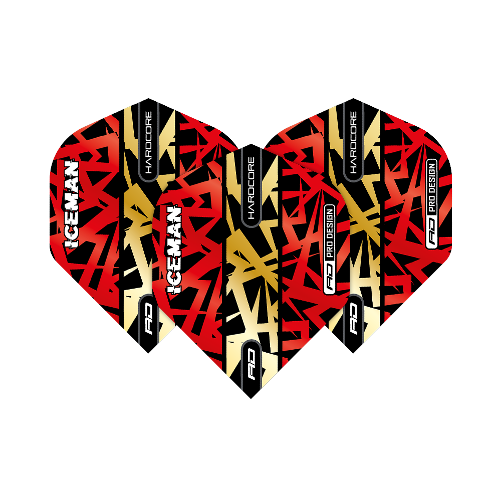 TF6871_Red_Dragon_Hardcore_Gerwyn_Price_Red_Gold_Premium_Standard_Flights_16m3HLGEJLmJy7 Das Bild zeigt drei Dartflights in den Farben Rot, Gold und Schwarz mit auffälligem Muster. Auf den Flights stehen die Wörter "ICEMAN", "HARDCORE" und "RD PRO DESIGN".