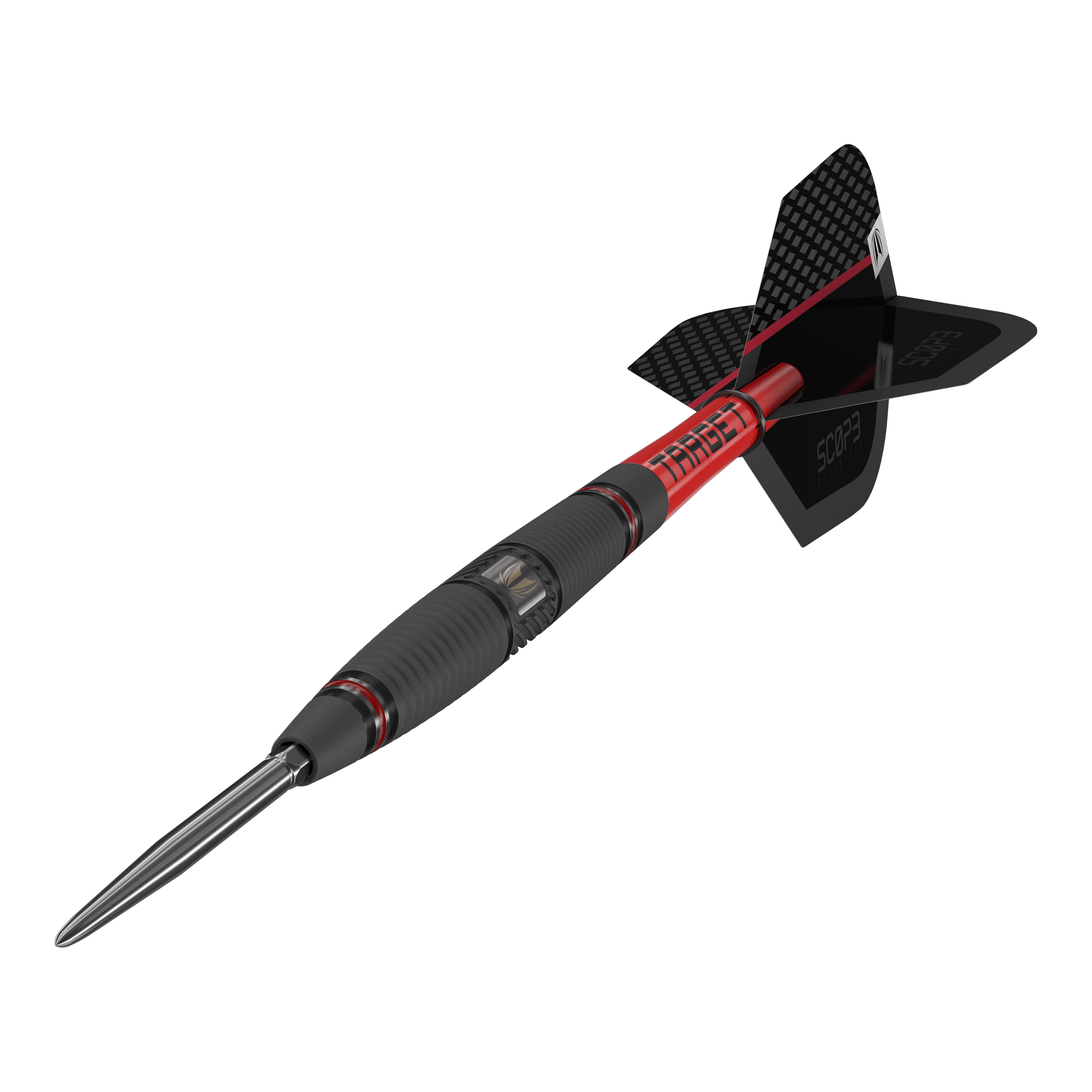 Stalowe lotki Target Scope 04 Swiss Point Das Bild zeigt den Target Scope 04 Swiss Point Steeldart. Der Dart hat ein schwarz-rotes Design mit geriffeltem Griff und einer metallischen Spitze.
