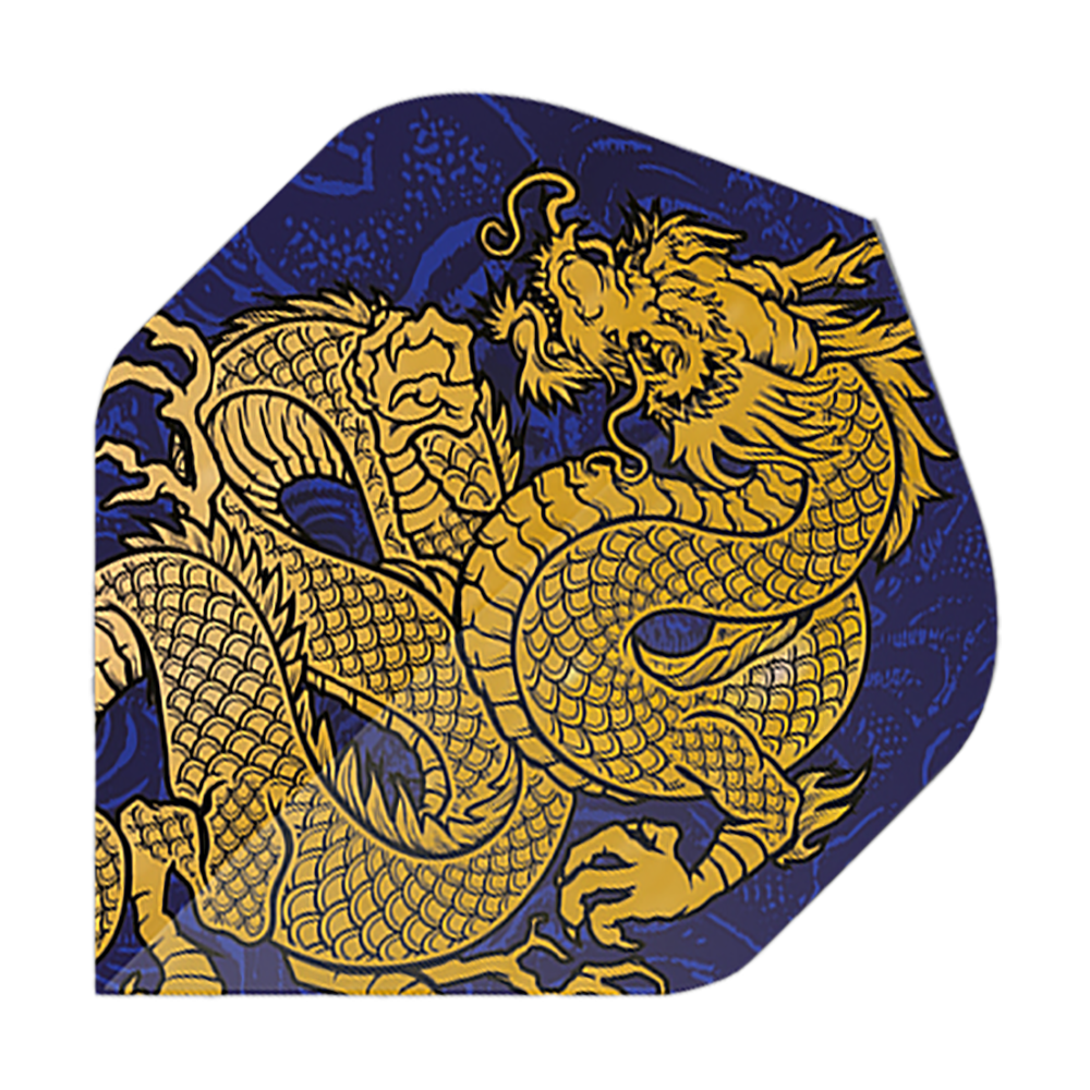 Pentathlon Flights Dragon niebieski Das Bild zeigt ein Dart-Flight mit einem goldenen Drachenmotiv auf dunkelblauem Hintergrund. Es handelt sich um das Produkt "Pentathlon Dragon 4 Standard Flights".