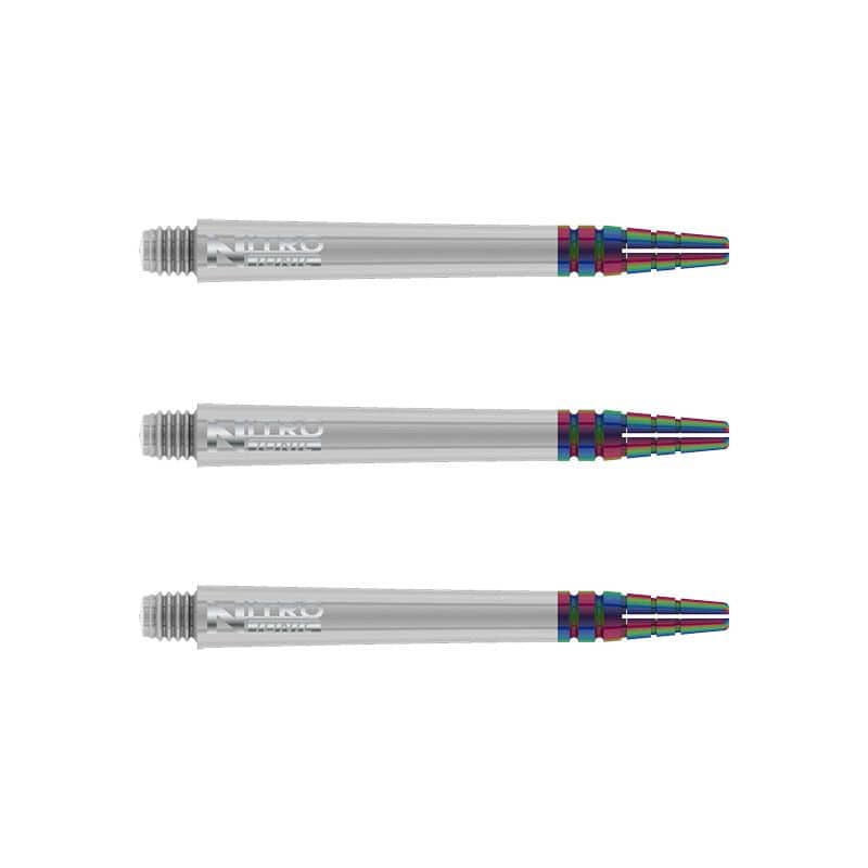 Das Bild zeigt drei weiße RedDragon Nitrotech Ionic Shafts nebeneinander. Die Enden der Shafts sind mit einem bunten, metallischen Muster versehen.