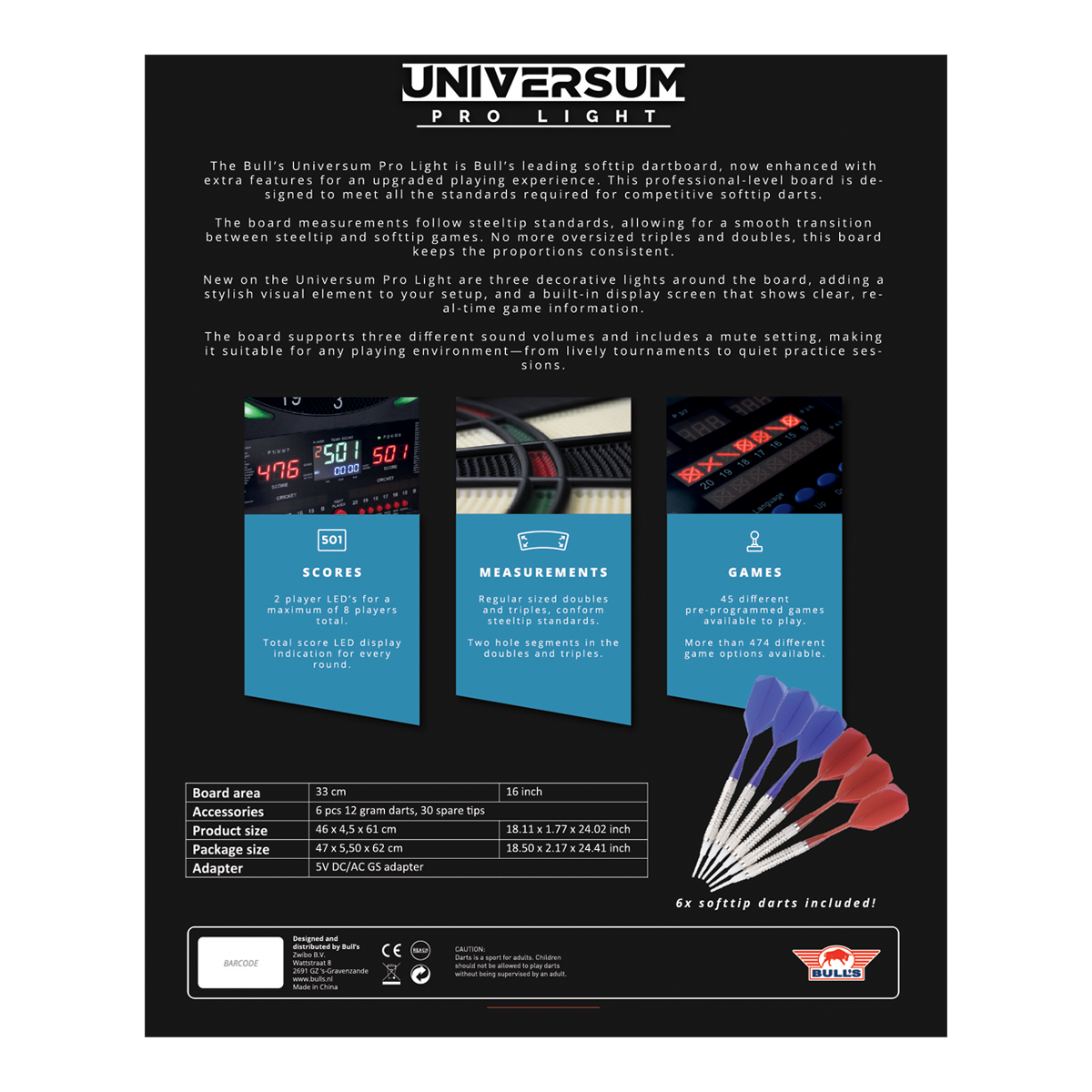 Elektroniczna tarcza do darta Bulls NL Universum Pro Light – niebiesko-czerwona Auf dem Bild ist das Bulls NL Universum Pro Light Elektronisches Dartboard - Blau Rot zu sehen. Es eignet sich perfekt für Darts-Spiele zu Hause.