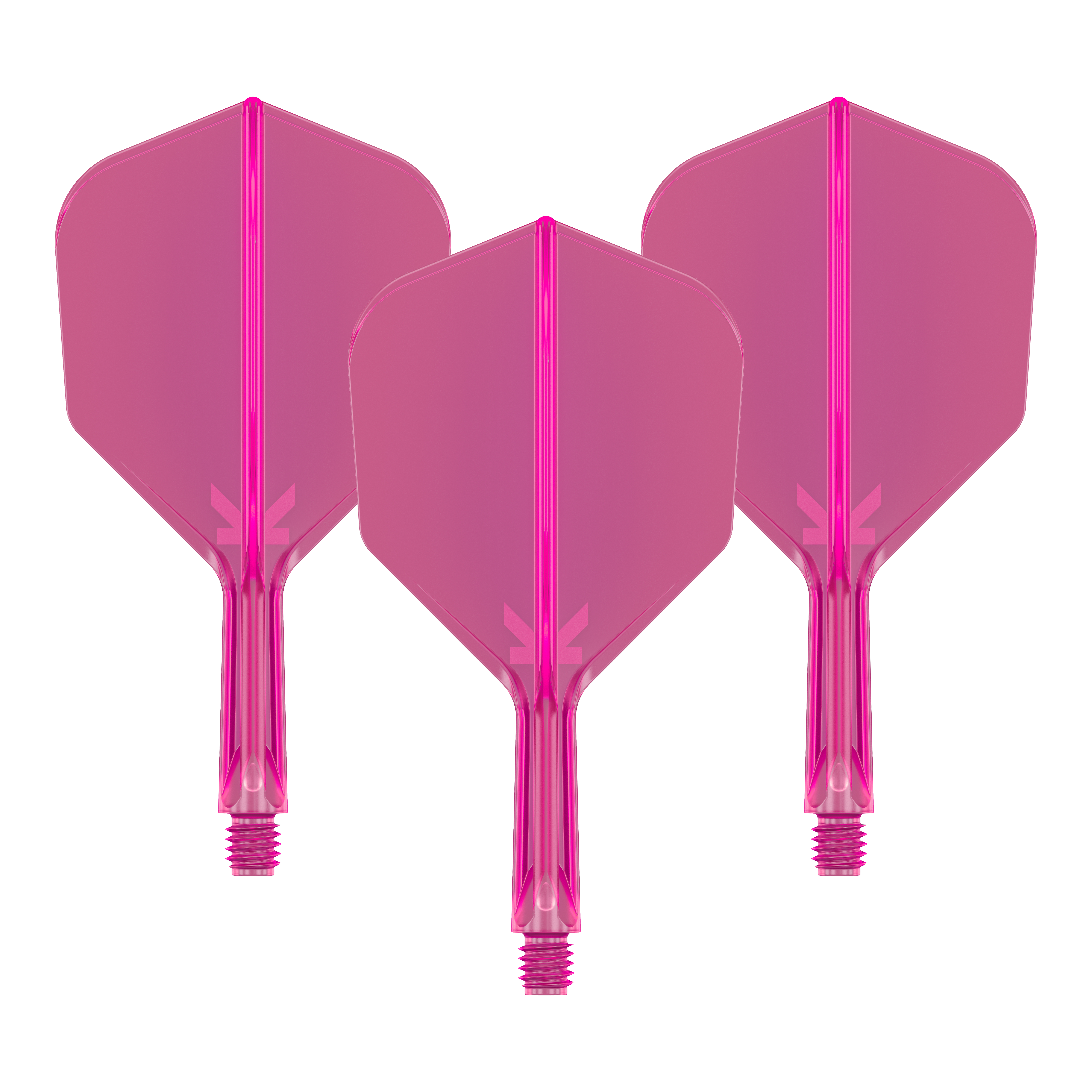 System lotu Target K-Flex No6 – neonowy róż Das Bild zeigt drei neonpinke Dart-Flights mit angesetzten Schäften. Sie sind nebeneinander angeordnet und haben ein transparentes Design.