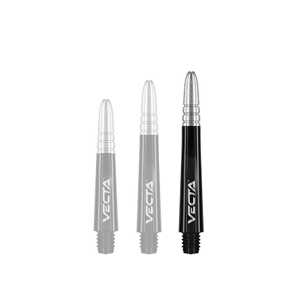 Winmau Vecta Shafts - Schwarz Silber Auf dem Bild sind drei schwarze und silberne Dartschäfte der Marke Vecta zu sehen. Sie haben eine glänzende Oberfläche und sind jeweils mit dem Schriftzug "VECTA" versehen.