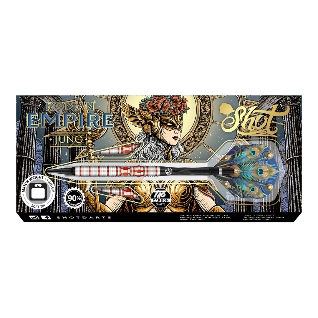 Miękkie lotki Shot Roman Empire Juno Das Bild zeigt die Verpackung der Shot Roman Empire Juno Softdarts. Auf der Verpackung ist ein kunstvolles Design mit einer Kriegerin und auffälligen Farben abgebildet.