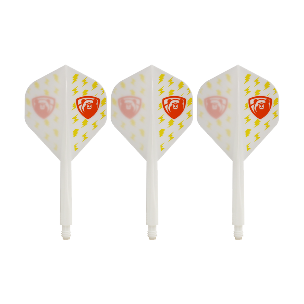 System lotu Condor AX Thunderbolt White – standardowy Das Bild zeigt drei weiße Dartflights des Condor AXE Thunderbolt White Flight-Systems in Standardform. Die Flights sind mit gelben Blitzen und einem roten Schild-Logo verziert.