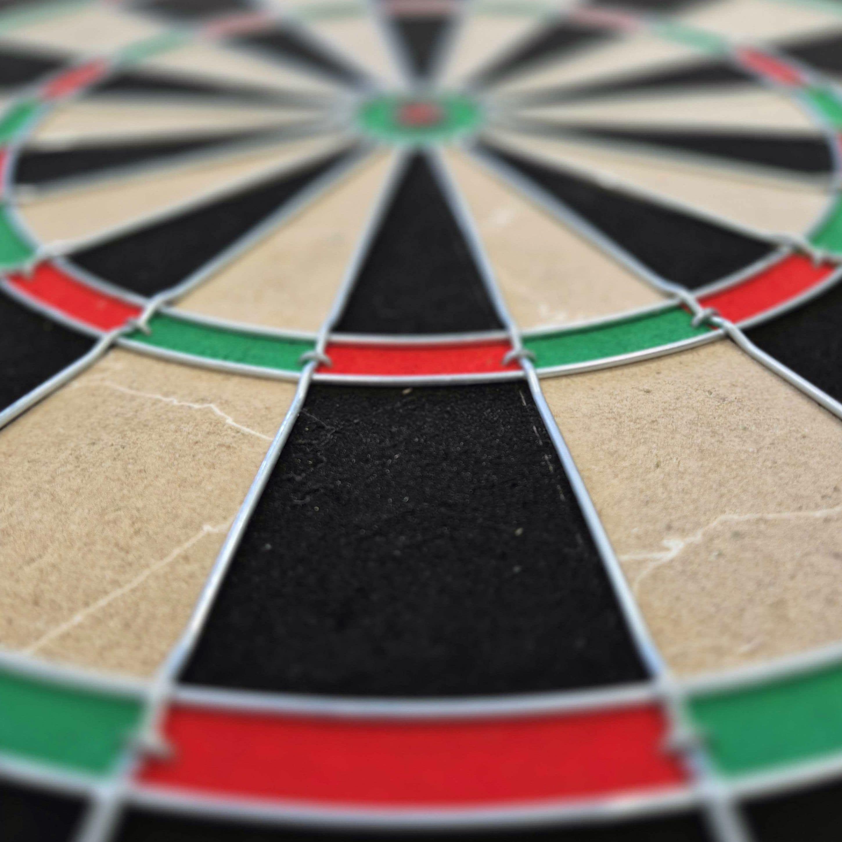 Zestaw tarcz stalowych Target Dimitri Van Den Bergh Das Bild zeigt eine Nahaufnahme eines Steeldartboards mit schwarz, beige, rot und grün markierten Segmenten. Besonders gut zu erkennen sind die Drähte, die die Felder voneinander trennen.