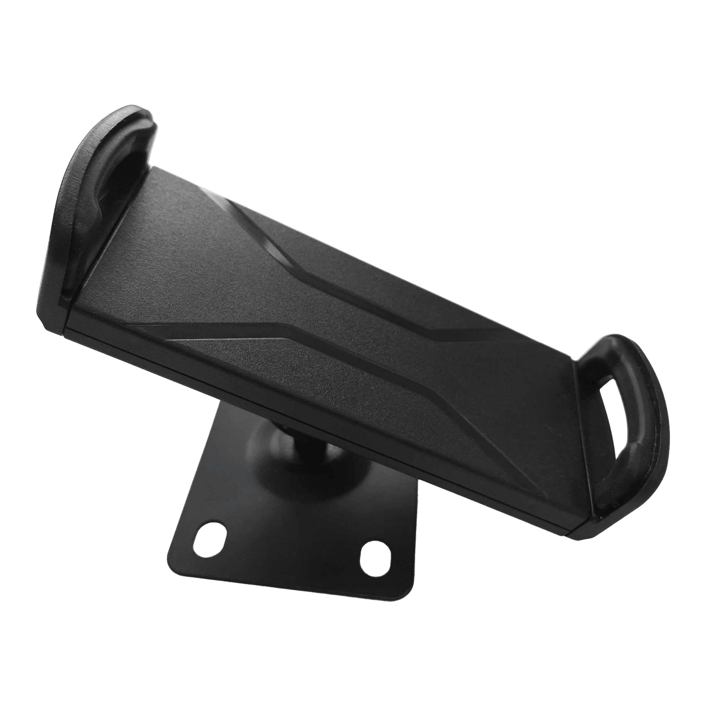 Uchwyt ścienny do tabletu McDart TABSteady Das Bild zeigt die McDart TABSteady Tablet Wandhalterung. Die Halterung ist schwarz und hat zwei seitliche Haltearme für ein Tablet.