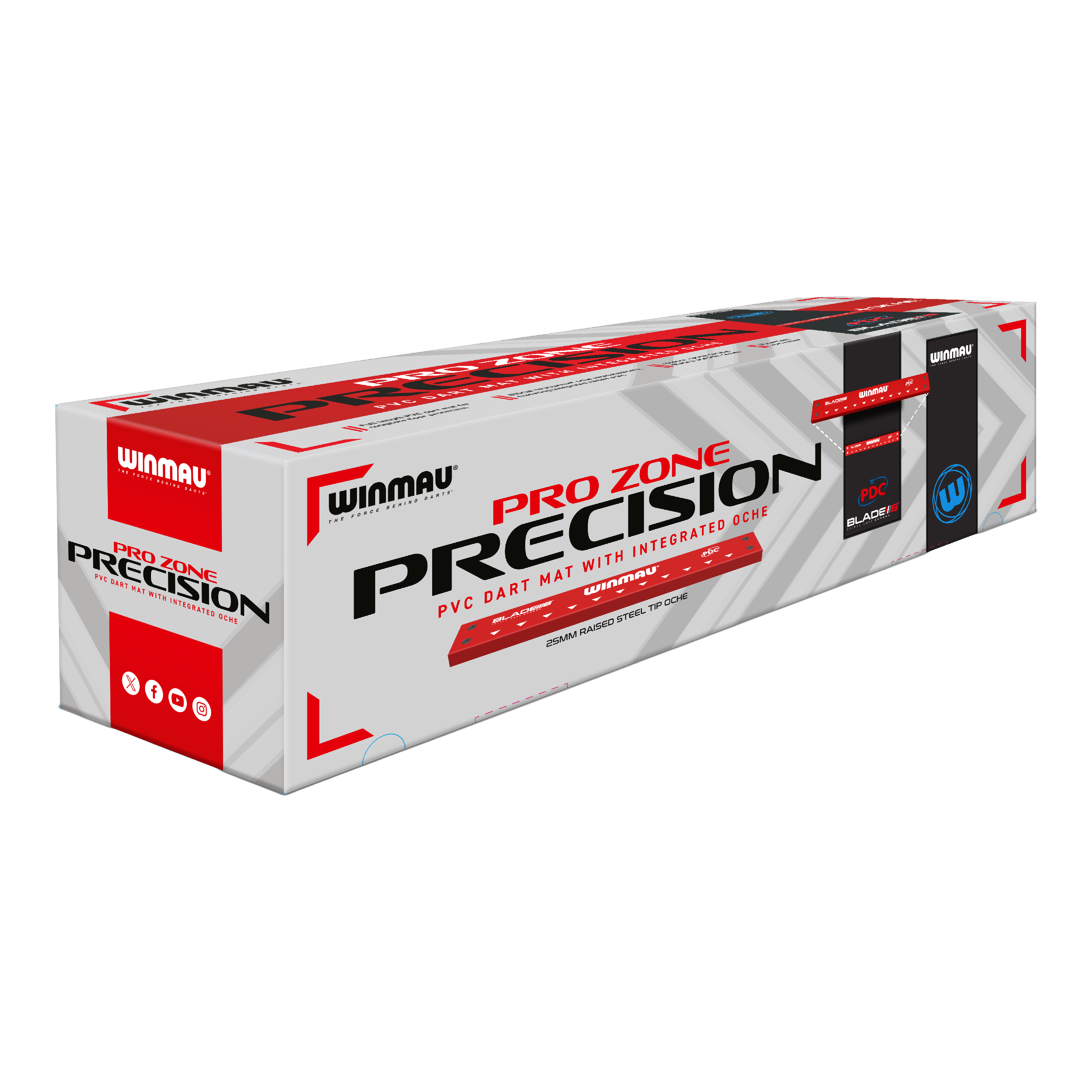 Mata do rzutek Winmau Pro-Zone Precision Blade 6 z oche Die Abbildung zeigt die Verpackung der "Winmau Pro-Zone Precision Blade 6 Dartmatte mit Oche". Auf der Verpackung steht, dass es sich um eine PVC-Dartmatte mit integriertem Oche handelt.