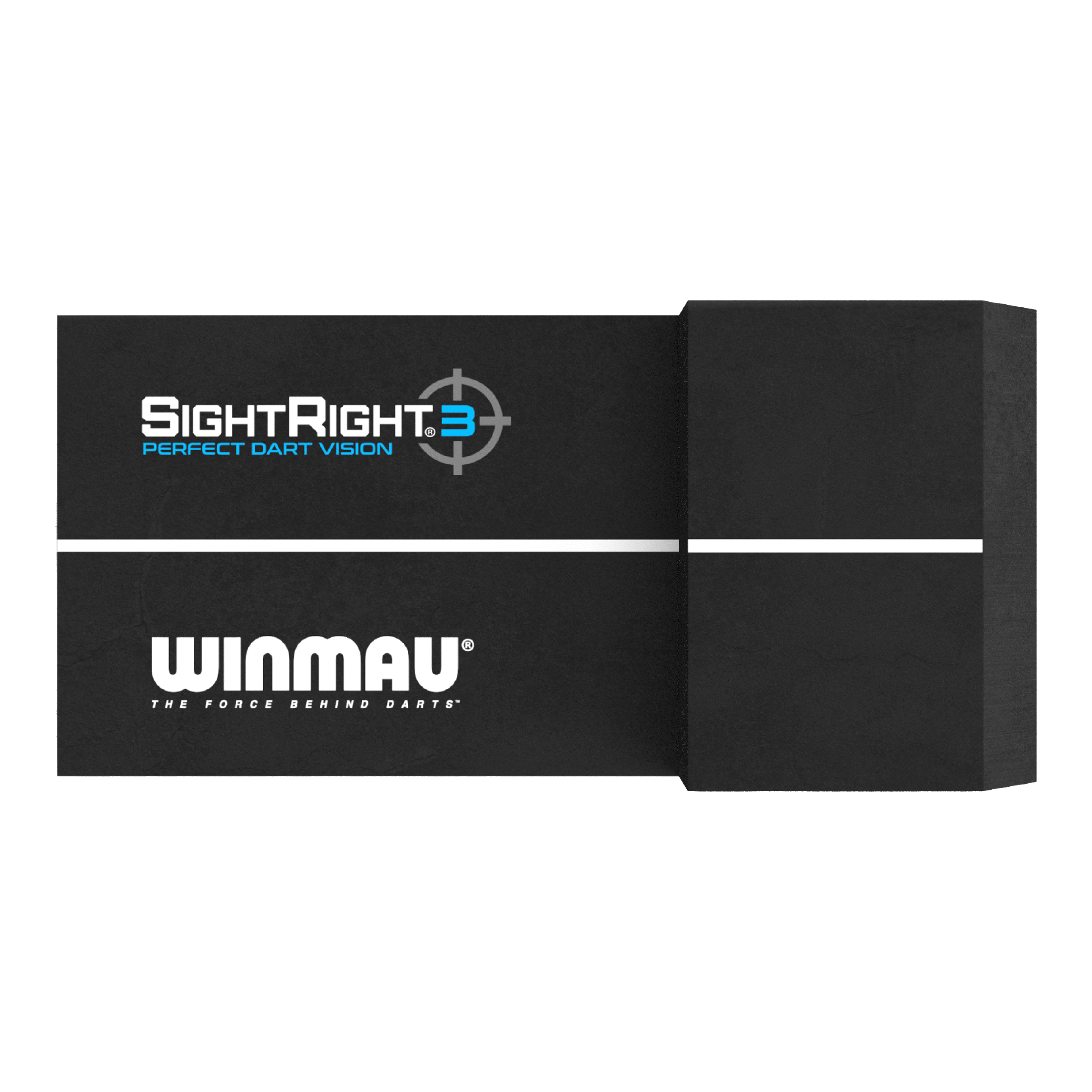 Winmau SightRight 3 - Kompaktowy Das Bild zeigt das Produkt "Winmau SightRight 3 - Compact" zur Perfektionierung des Dart-Zielens. Es ist schwarz mit einem weißen Streifen und dem Winmau-Logo darauf.